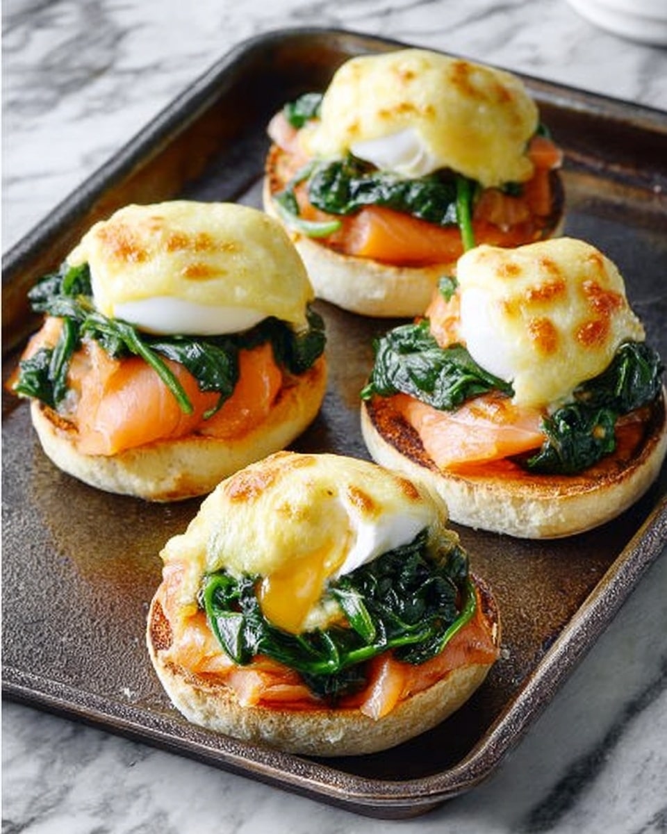 Four small sandwiches are placed on a dark metal tray. Each sandwich has three main layers: the bottom layer is a round, toasted bread piece in light brown color; the middle layer is bright orange smoked salmon topped with dark green cooked spinach; the top layer consists of a white poached egg mostly covered by a golden-yellow melted cheese crust. The background is a white marbled texture. photo taken with an iphone --ar 4:5 --v 7