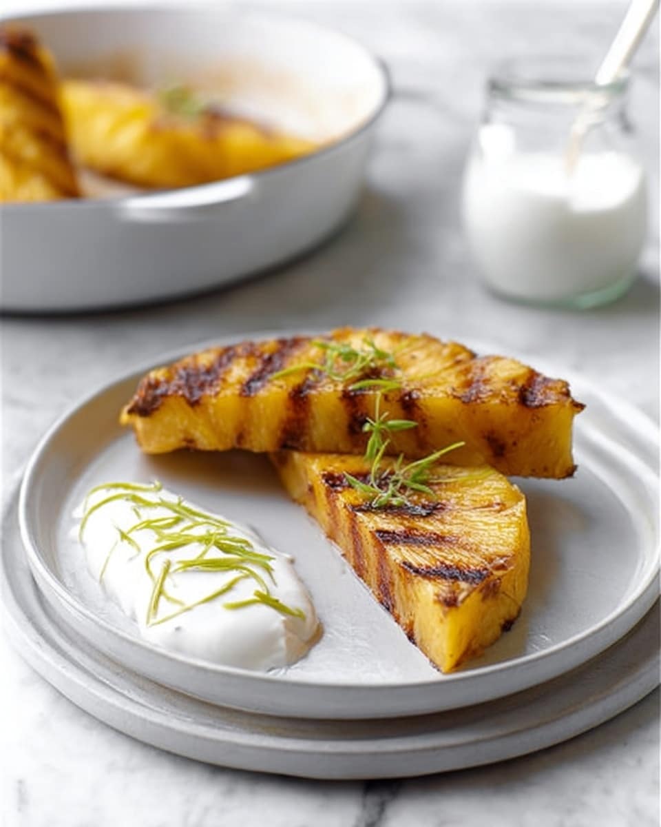 The image shows two grilled pineapple wedges with golden brown grill marks placed on a white plate. The pineapples have a slightly charred texture with visible sprigs of fresh green herbs on top. Next to the pineapple wedges is a small dollop of white cream with thin green strips sprinkled on it. In the background, there is a white pan with more pineapple wedges inside and a small clear glass container of white cream behind the plate. The whole scene is set on a white marbled surface. photo taken with an iphone --ar 4:5 --v 7