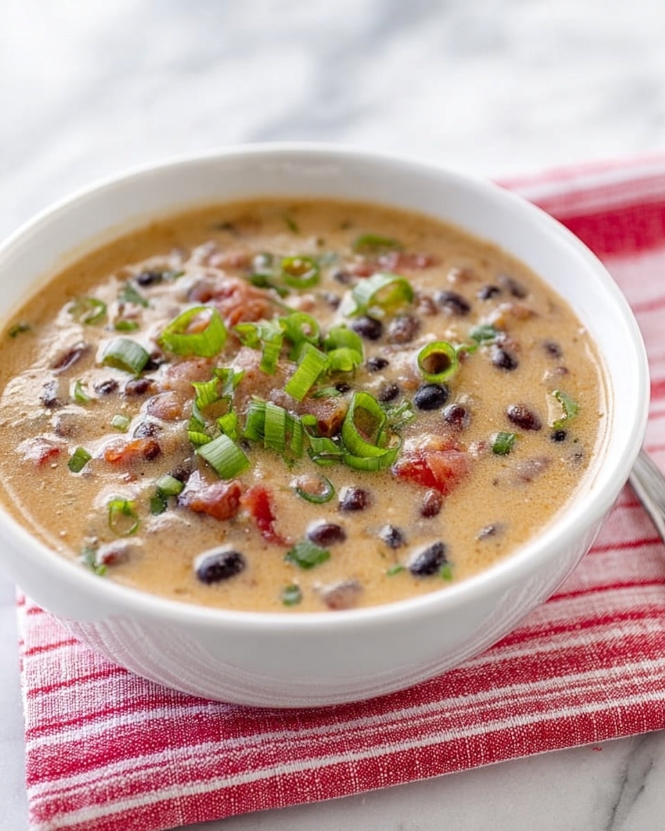 A white bowl filled with creamy soup containing a mix of black and white beans, small pieces of red tomato, and bits of bacon, topped with fresh sliced green onions. The soup has a thick, smooth texture with visible beans floating throughout. The bowl is placed on a red and white striped cloth on a white marbled surface. photo taken with an iphone --ar 4:5 --v 7