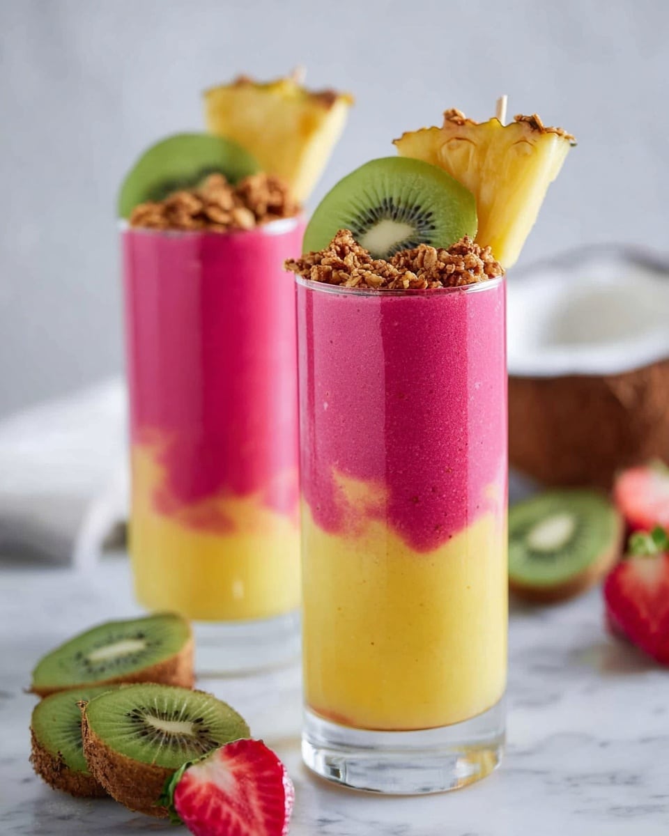 The image shows two tall clear glasses filled with a layered smoothie. The bottom layer is thick and bright pink with a smooth texture, while the top layer is yellow with a creamy texture that slightly mixes into the pink, creating soft swirls. Each glass is topped with a small cluster of granola, a slice of green kiwi placed on the side, and a skewer of chunked pineapple standing upright. The glasses sit on a white marbled surface with kiwi halves, a strawberry, and a halved coconut in the background. Photo taken with an iphone --ar 4:5 --v 7