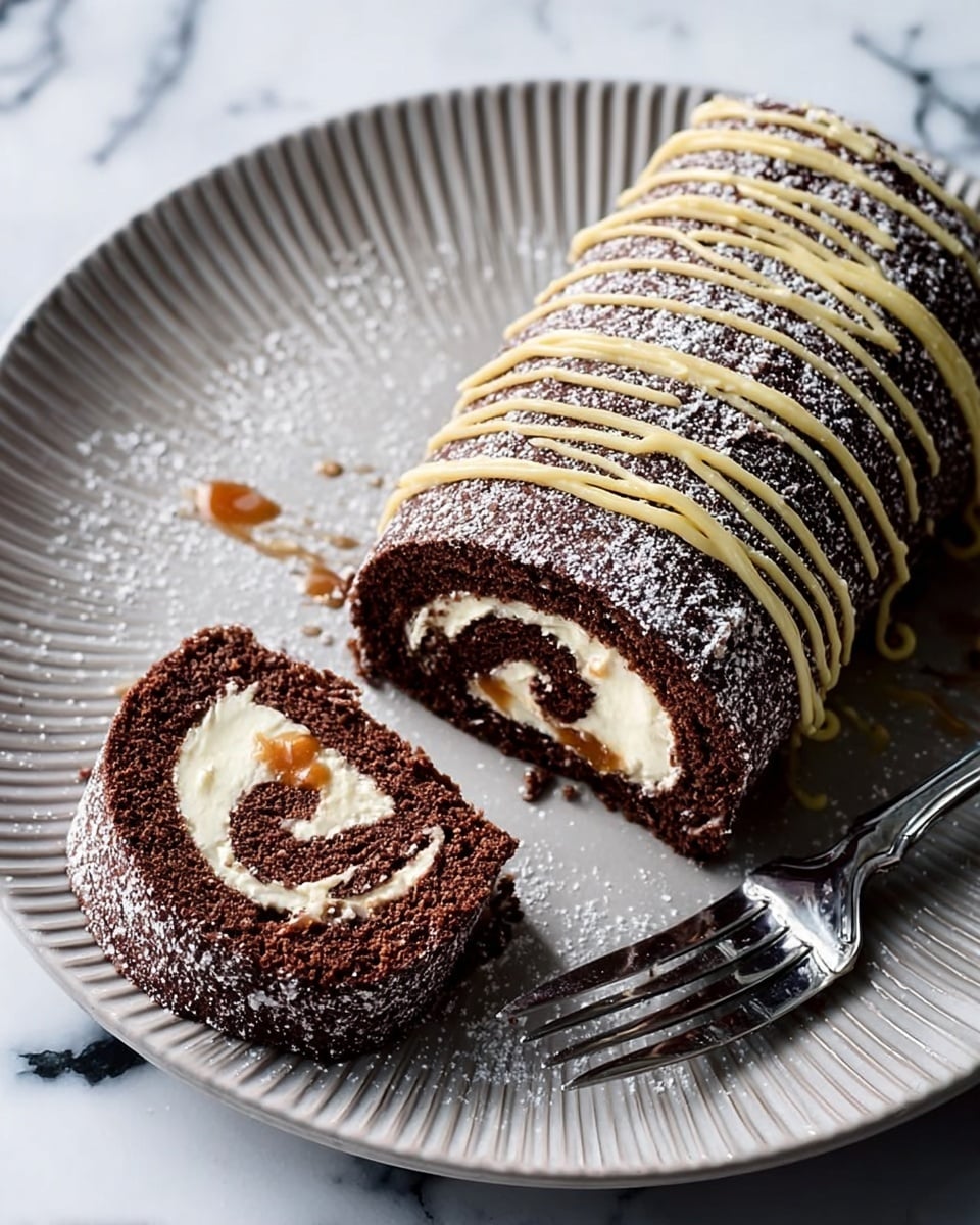 A dark chocolate cake roll sits on a white plate with a ridged edge, the roll dusted lightly with powdered sugar and drizzled with pale yellow cream in diagonal lines across the top. Next to the main roll, a slice is cut to show layers inside: a moist dark brown chocolate sponge outer layer, a white cream layer with a swirl of caramel in the center. A silver fork rests near the sliced piece on the plate. The background is a white marbled surface. Photo taken with an iphone --ar 4:5 --v 7