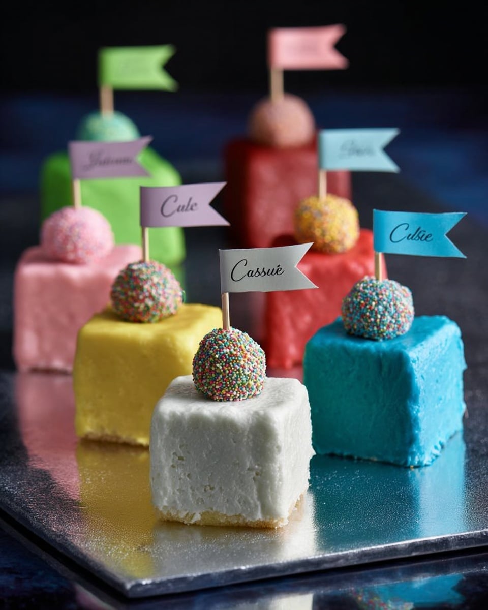 The image shows six small square cakes arranged in two rows on a reflective silver surface with a dark background. Each cake is covered in smooth pastel-colored frosting: green, pink, yellow, red, white, and blue. On top of each cake, there is a single round truffle coated in small candy beads matching or complementing the cake color. Each truffle holds a small rectangular paper flag with a name written on it in cursive. The surface the cakes are sitting on has a shiny mirror-like finish that reflects the cakes beneath them. photo taken with an iphone --ar 4:5 --v 7