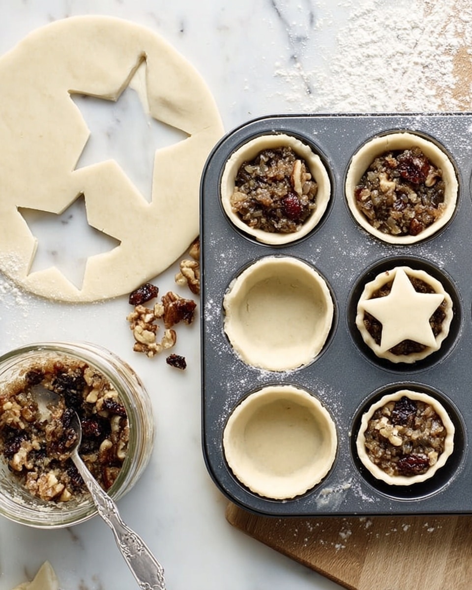 The image shows a muffin tin placed on a white marbled surface with six circular pastry shells evenly spread inside it. Three of the shells are empty, while two are filled with a mixed fruit and nut filling that has a rough texture and dark brown color. One filled shell is topped with a small star-shaped piece of dough, light beige in color, sitting on top of the filling. To the left of the tin, there is rolled-out dough with one star-shaped dough cutout resting on it. A jar filled with the same fruit and nut mixture is open and placed below the dough, with a spoon nearby containing some of the mixture. Photo taken with an iphone --ar 4:5 --v 7
