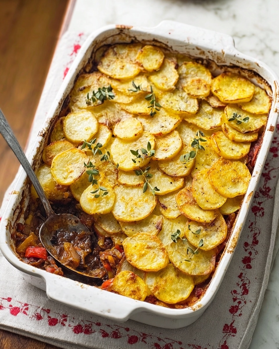 A white baking dish filled with a cooked layered casserole is shown, placed on a light cloth with small red details on a white marbled surface. The top layer is made of thin yellow potato slices, some browned at the edges, scattered with small green herb leaves. Underneath, a thick layer of cooked vegetables including pieces of red bell pepper and darker cooked onion or tomato sauce can be seen peeking out at the edges. A large metal spoon rests inside the dish on the left side. Photo taken with an iphone --ar 4:5 --v 7