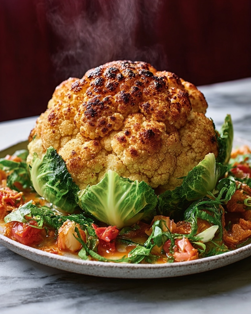 A whole roasted cauliflower with a golden-brown top showing a slightly crispy texture, sitting in the center of a round white plate. Surrounding the cauliflower are several bright green roasted cabbage leaves mixed with chunks of soft, reddish-pink pieces that look like cooked tomato or pepper. The plate is placed on a white marbled surface with a blurred dark red background. Light steam rises from the hot cauliflower, adding a fresh cooked feel. Photo taken with an iphone --ar 4:5 --v 7