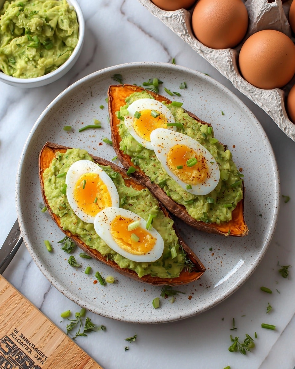 The image shows two halves of roasted sweet potato placed on a round white plate with a speckled texture. Each sweet potato half has a thick layer of green mashed avocado spread evenly on top. On the avocado layer, there are two slices of hard-boiled egg, each slice showing a yellow yolk center and white egg white. Small green herb pieces and a light sprinkling of seasoning are scattered on the eggs and around the plate. The plate is set on a white marbled surface with a carton of cage-free brown eggs and a small white bowl of avocado mash nearby. Photo taken with an iphone --ar 4:5 --v 7