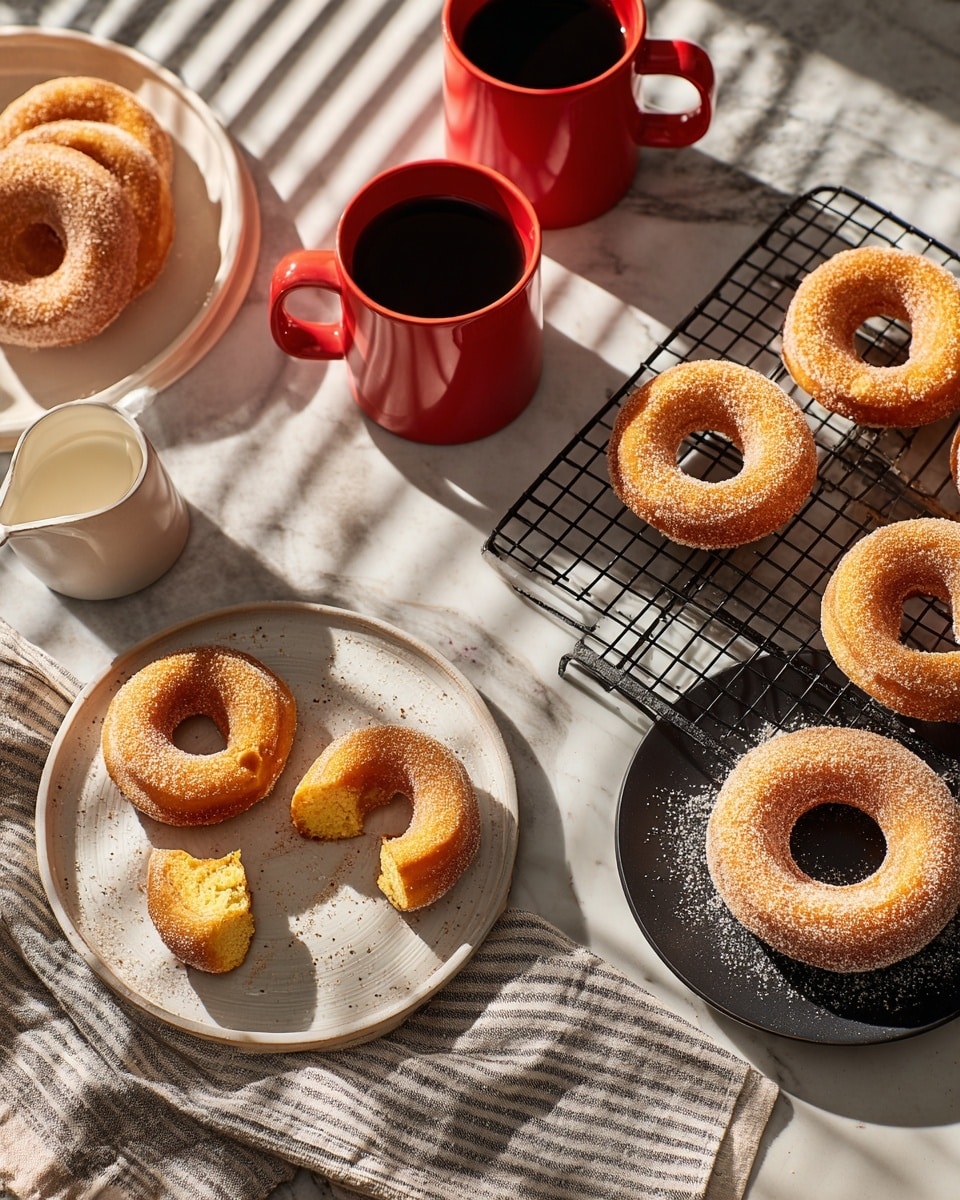 The image shows several golden brown donuts with a sugar coating, arranged on a black cooling rack and a white plate in the center, where one donut is broken into two halves revealing a soft inside. On the left, there is a white plate holding four donuts on a black cloth, and two red mugs filled with coffee sit nearby. A small white pitcher with cream is placed near the coffee mugs. On the right side, a black plate has a donut-shaped sugar ring on top of a white marbled surface with a striped cloth underneath. The lighting casts warm shadows over the scene. Photo taken with an iphone --ar 4:5 --v 7