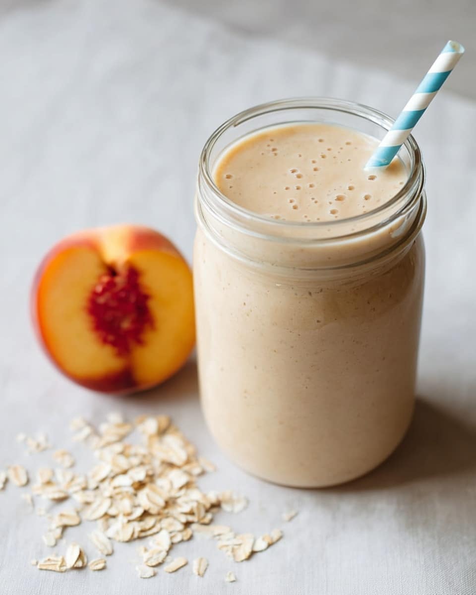 A creamy light beige smoothie fills a clear glass jar almost to the top, with small air bubbles visible on its smooth surface; a blue and white striped straw is inserted on the right side of the jar. Next to the jar, on a white marbled texture, lies a whole peach showing its orange and red skin with a yellow center. Scattered around the jar and peach are a few light beige rolled oats, adding texture and detail to the scene. photo taken with an iphone --ar 4:5 --v 7