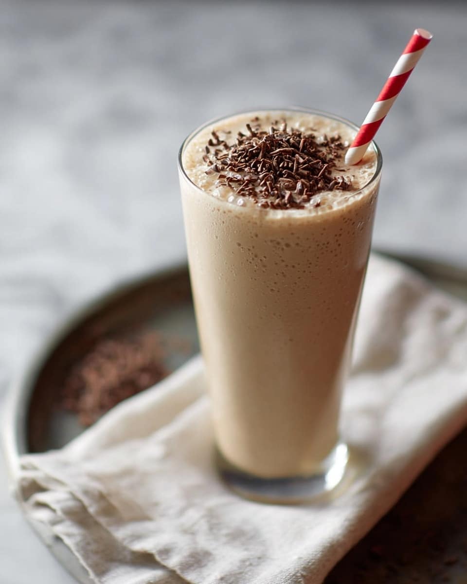 A tall clear glass filled with creamy light brown milkshake, topped with small dark brown chocolate shavings scattered evenly across the surface. A red and white striped straw is inserted from the top right side into the drink. The glass sits on a soft white cloth placed on a tray with a white marbled texture as the background. photo taken with an iphone --ar 4:5 --v 7