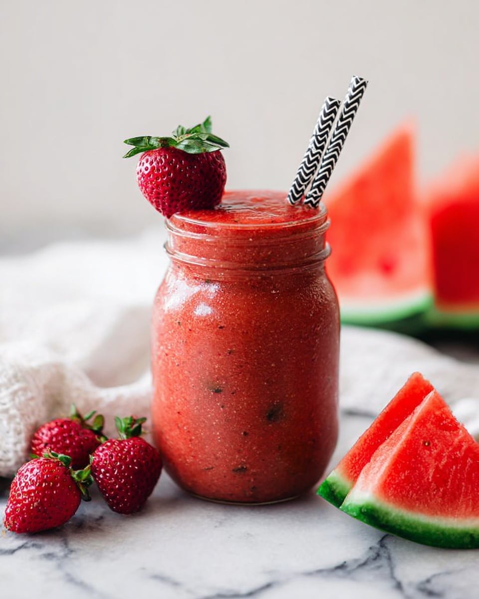A mason jar is filled with a thick, red smoothie that has small visible seeds and bits of fruit inside. The smoothie is garnished on top with a whole bright red strawberry, and two black and white striped paper straws stick out from the jar. The jar sits on a white marbled surface, with a white cloth and three loose strawberries on the left side, and two large triangular watermelon slices with deep red flesh and green rind on the right side. The background is softly blurred, giving a fresh and inviting feel to the drink. Photo taken with an iphone --ar 4:5 --v 7