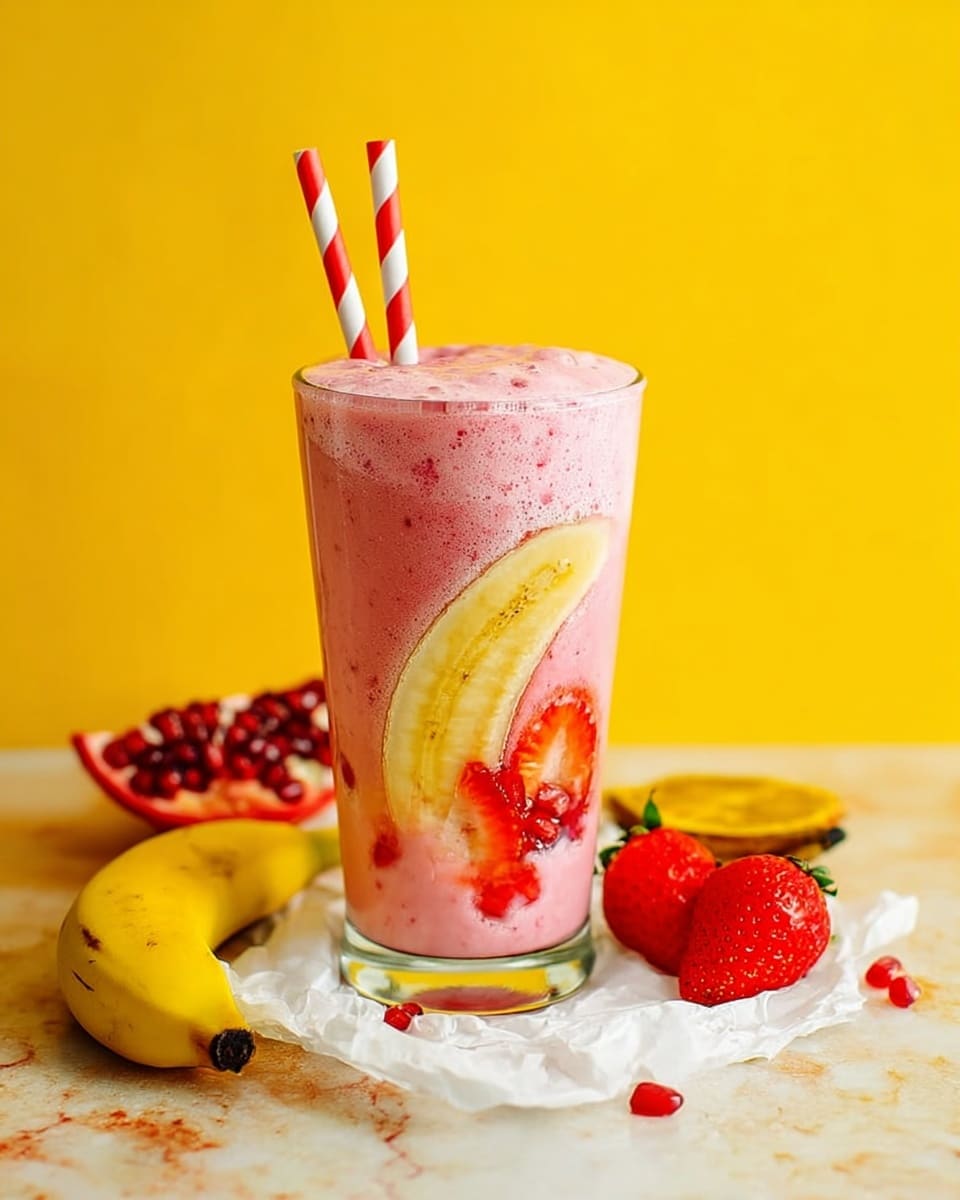 A tall clear glass filled with three visible layers of smoothie: the bottom layer is a thick light pink with small bits, the middle layer shows half a peeled yellow banana pressed against the glass with bright red strawberry slices embedded in the pink mixture, and the top layer is a frothy pink foam with fruit bits. Two red and white striped straws stick out from the top. The glass sits on a piece of crumpled white paper on a white marbled surface. Around the glass, there is a whole peeled banana, a piece of pomegranate showing red seeds, a whole strawberry, and a halved strawberry, all against a bright yellow background. photo taken with an iphone --ar 4:5 --v 7