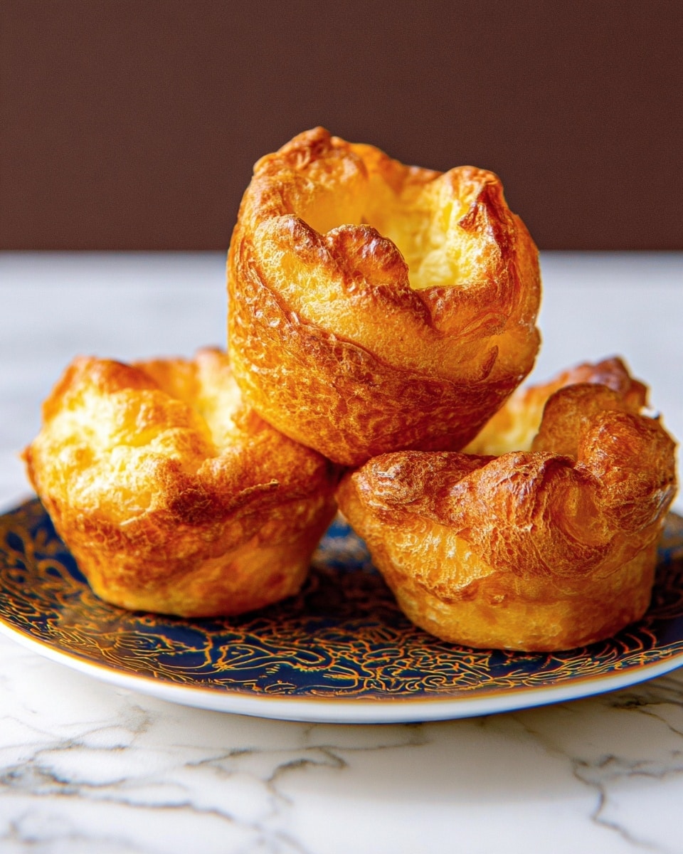 The image shows three golden brown popovers with a crispy, flaky texture. Two popovers are stacked on top of each other, with the top one slightly tilted. The third popover sits beside the stack on a white plate with a dark blue and gold decorative pattern. The background is a white marbled texture, highlighting the warm tones of the popovers. Photo taken with an iphone --ar 4:5 --v 7