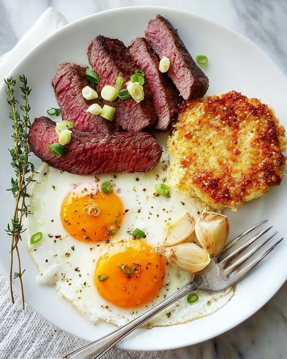 A white plate on a white marbled texture surface holds a meal arranged neatly. On the left side, there are five slices of medium-rare steak, showing pink centers and browned edges, sprinkled with green chopped scallions and a small sprig of thyme beside them. On the upper right of the plate is a round golden-brown crumb-topped baked item with a crispy texture. Below it, two roasted garlic cloves rest near the edge. The bottom half of the plate features two sunny-side-up eggs with bright orange yolks and slightly crisped white edges, lightly seasoned with black pepper and garnished with more small green scallions. A silver fork rests on the right side of the plate. Photo taken with an iphone --ar 4:5 --v 7