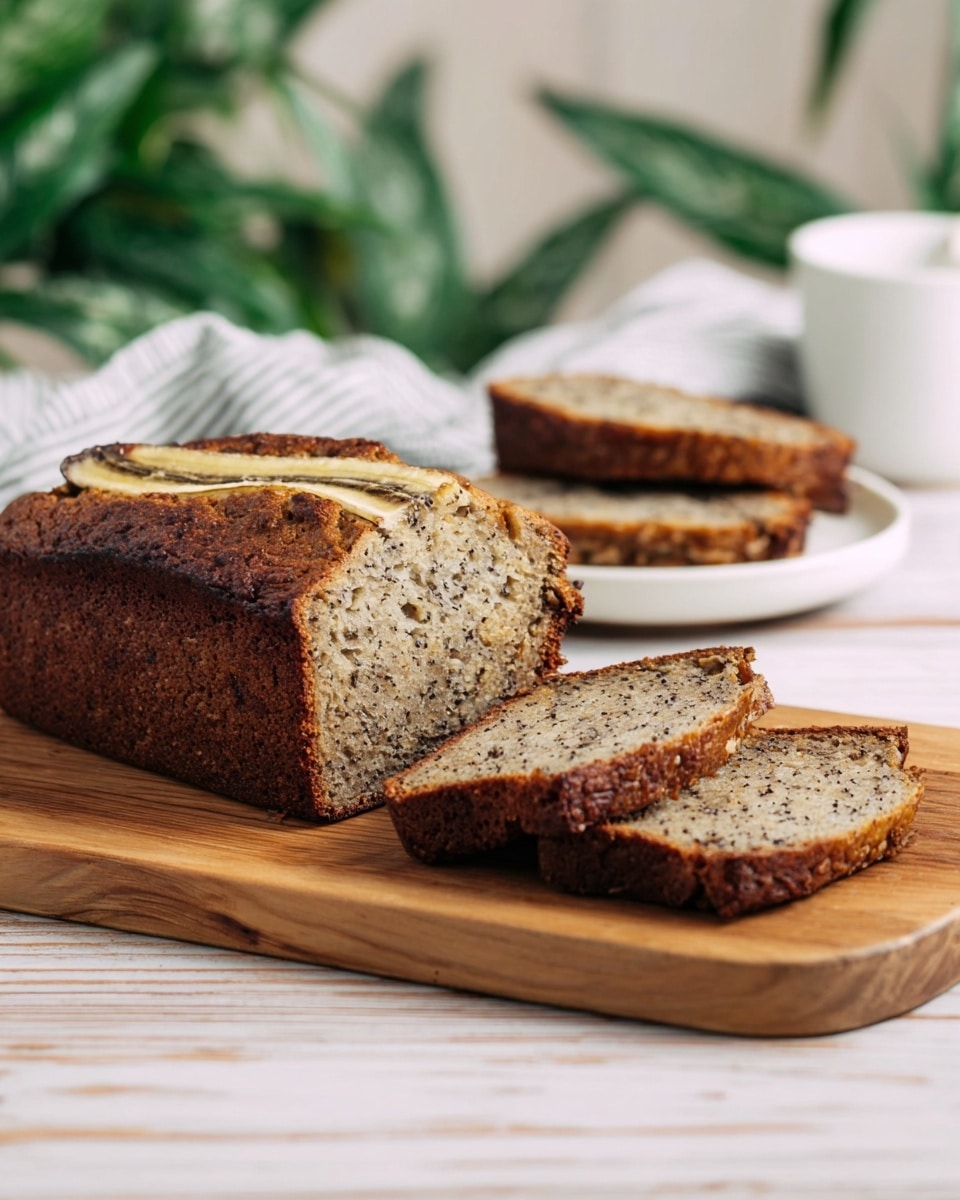 A sliced banana bread loaf sits on a wooden cutting board with one half still whole and two slices laid flat in front, showing a moist, speckled interior full of tiny dark bits from the banana. The crust is golden brown with a slightly darker baked edge and a few banana pieces baked on top. In the background, there is a small white plate with another slice and a folded striped cloth on a light wood table, all set against a white marbled textured surface. Some green leaves softly frame part of the image. Photo taken with an iphone --ar 4:5 --v 7