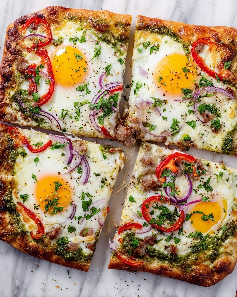 A rectangular pizza cut into four large slices rests on a white marbled surface, with one slice slightly pulled away. The base is a golden-brown crust with a slightly crispy edge. The first layer is melted white cheese spread evenly over the crust. On top of the cheese, there are two sunny-side-up eggs on three of the slices, their yolks bright yellow and slightly runny, surrounded by smooth white egg whites. Thin slices of red pepper ring each egg, adding a pop of red. Scattered beneath and around the eggs are small bits of cooked sausage and thin slivers of purple onion. Dollops of green pesto are spread sporadically across the pizza, and everything is sprinkled liberally with chopped fresh green herbs and black pepper. photo taken with an iphone --ar 4:5 --v 7