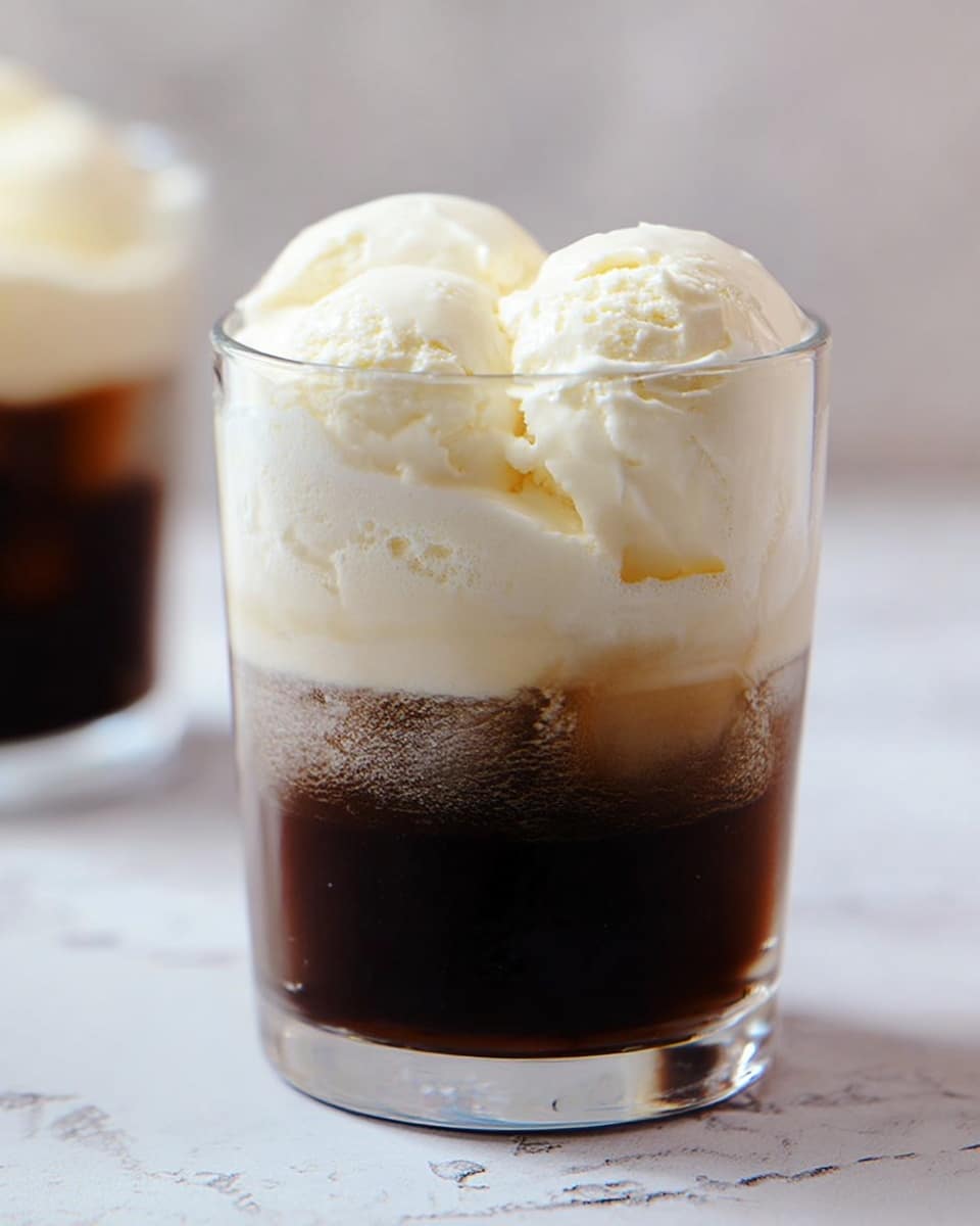 The image shows a clear glass filled with two layers: the bottom layer is a dark brown liquid, likely coffee, with a slightly uneven texture at the top where it meets the second layer, which is creamy white ice cream that sits on top in soft, rounded scoops. The background has a white marbled texture and a blurred glass with a similar drink behind the main glass. photo taken with an iphone --ar 4:5 --v 7