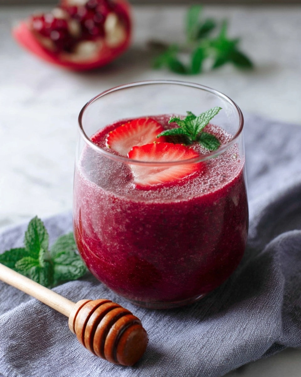 A clear glass filled with a thick, deep red smoothie-like mixture, topped with a sliced strawberry showing its bright red and white inside along with a small green stem, sits on a light gray textured cloth. Next to it is a wooden honey dipper with a light brown color resting on the cloth. In front of the glass, a piece of pomegranate with bright red seeds and green mint leaves, along with a sliced strawberry, add fresh color contrast. The entire scene rests on a white marbled surface. photo taken with an iphone --ar 4:5 --v 7