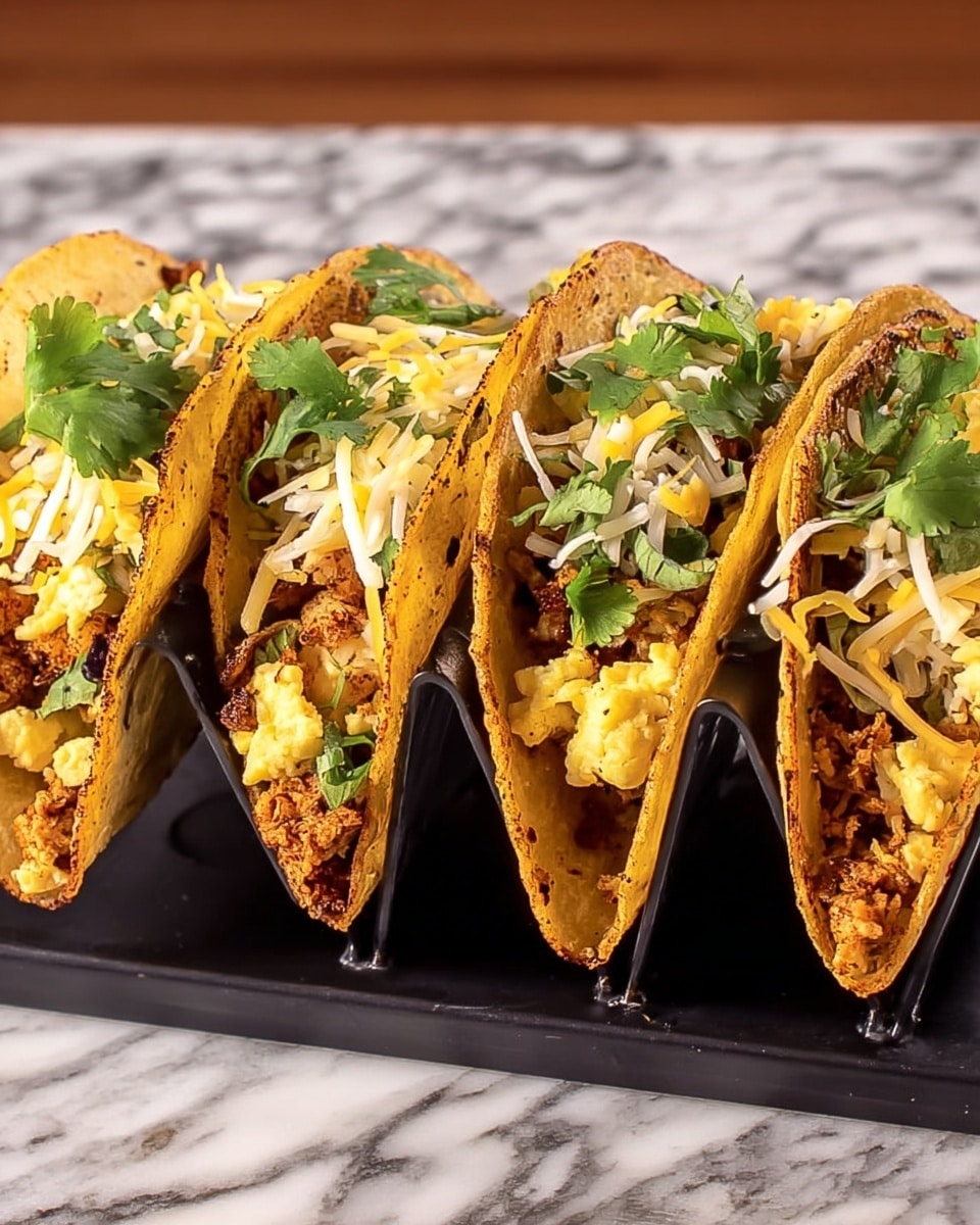 Four tacos stand side by side in a black taco holder on a white marbled surface. Each taco has a crispy brown shell with some toasted dark spots. Inside, the bottom layer is golden cooked cauliflower pieces mixed with chunks of yellow pineapple. On top of that, there is a layer of shredded white and yellow cheese. The tacos are garnished with fresh green cilantro leaves, adding a bright splash of color. Photo taken with an iphone --ar 4:5 --v 7