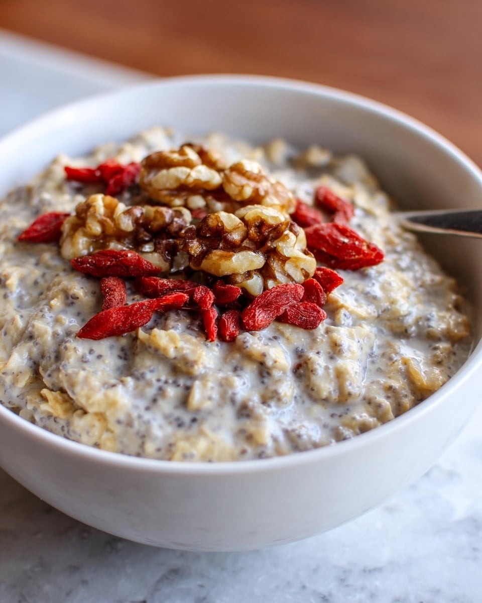 A close-up of a white bowl with a textured creamy oatmeal filling the bowl almost to the top. The oatmeal is light beige with visible small dark chia seeds mixed evenly throughout. On top, there is a small pile of walnut halves with a warm brown color and bright red dried berries scattered over them. The bowl sits on a white marbled surface, showing a simple and cozy breakfast setting. photo taken with an iphone --ar 4:5 --v 7