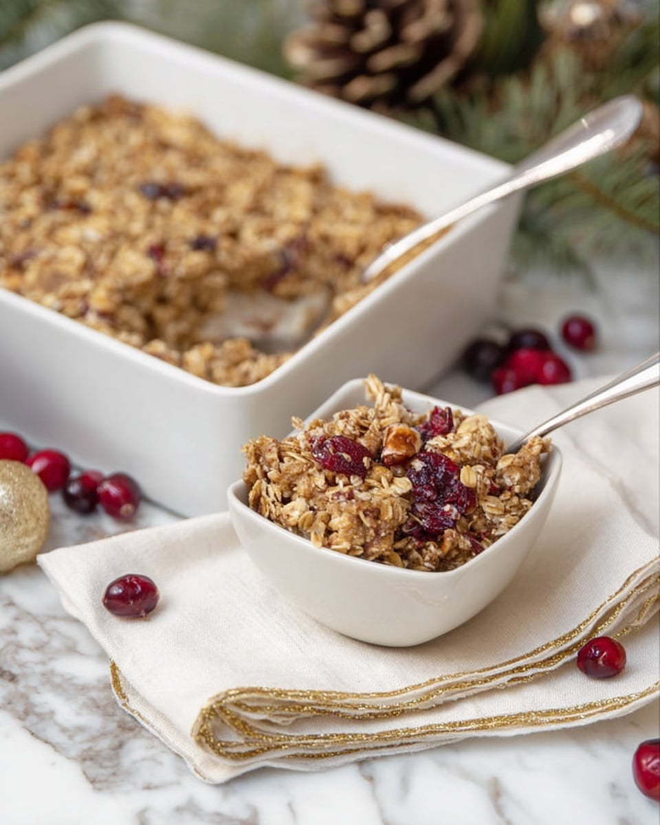 A rough-textured brown and beige crumbly baked dish with visible oats and pieces of dried cranberries fills a square white baking dish in the background, with a silver spoon resting inside. In the foreground, a smaller white bowl holds a serving of the same crumbly dessert, showing more details of the oats and cranberries, along with pieces of nuts or other bits, with a silver spoon sticking out. The bowl sits on a white cloth napkin with a thin gold ribbon and dried cranberries scattered around, all placed on a white marbled surface with some green leaves and pinecones blurred in the back. photo taken with an iphone --ar 4:5 --v 7