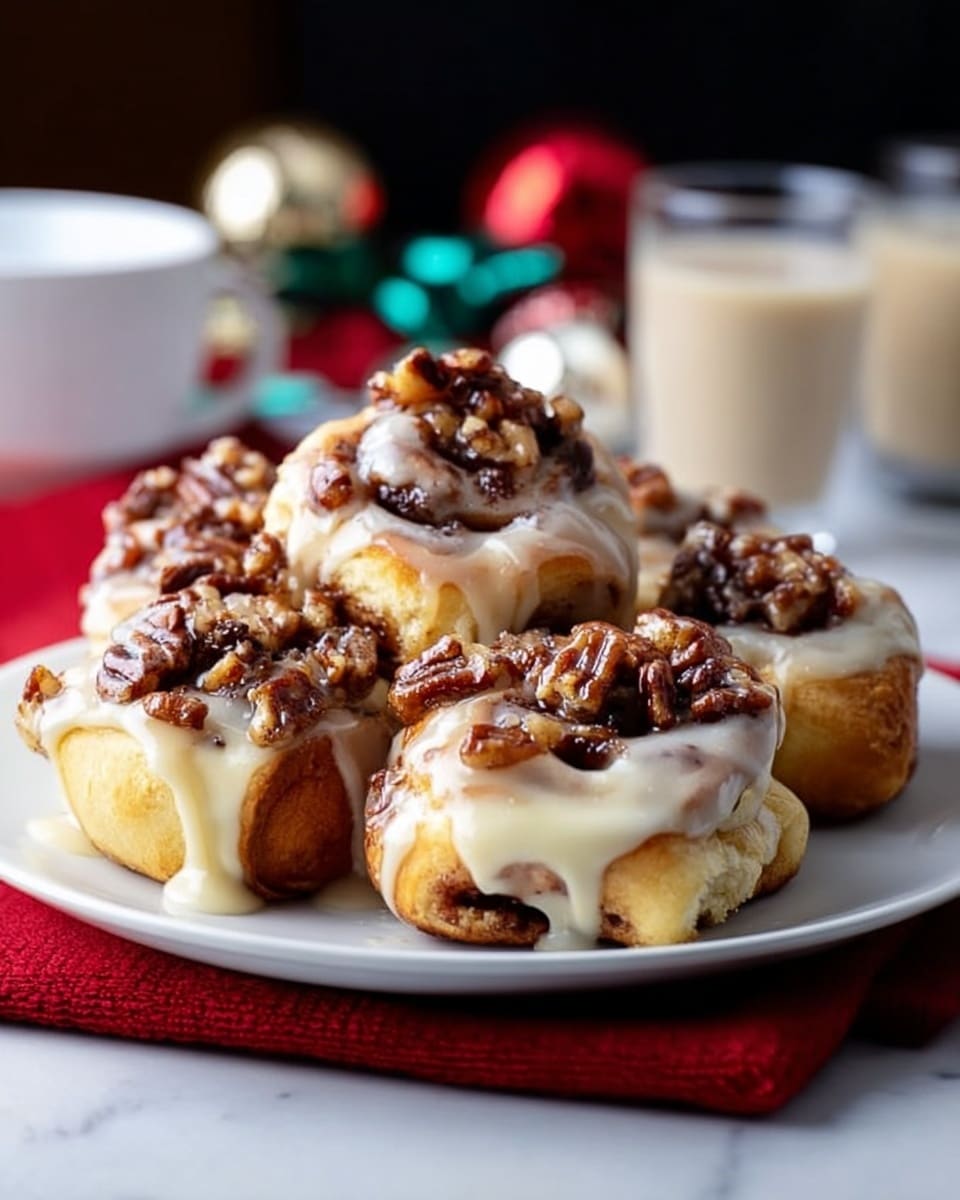 The image shows a white plate stacked with five small cinnamon rolls arranged closely together. Each roll has a soft, light brown dough base with visible swirls of cinnamon inside. On top of the rolls, there is a generous layer of glossy, dark brown pecans, some pieces clustered together. Creamy white icing is drizzled unevenly over the top, melting slightly and creating a smooth, shiny texture that contrasts with the rough texture of the pecans. The plate sits on a white marbled surface, with a red cloth partially visible under the plate's edge. In the background, two blurred glasses with cream-colored liquids and some holiday ornaments are faintly visible. Photo taken with an iphone --ar 4:5 --v 7
