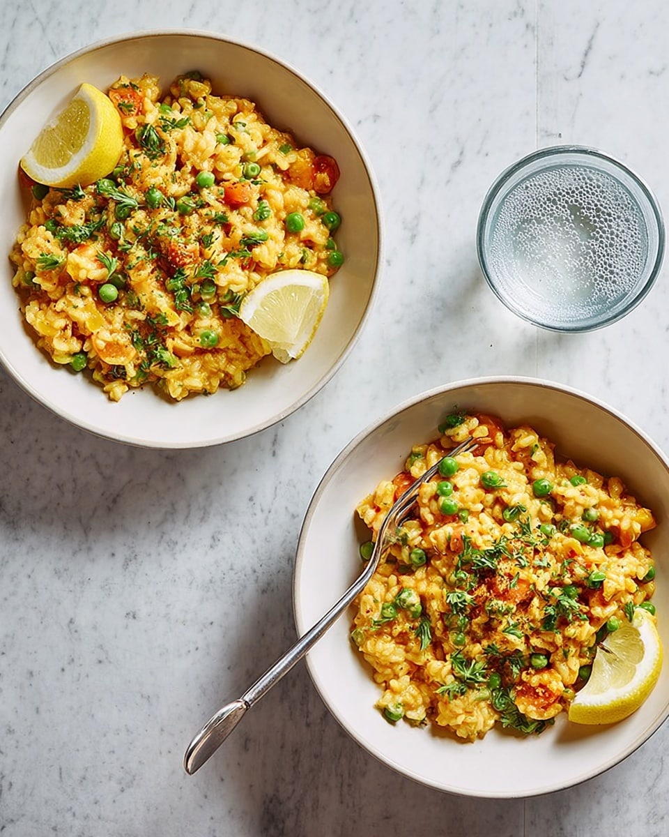 Two white bowls are filled with a creamy yellowish-orange rice dish mixed with small green peas and chunks of light brown chicken. Each bowl is garnished with fresh green parsley leaves scattered on top. One bowl has a lemon wedge placed on the side of the rice, while the other bowl's lemon wedge is positioned near a silver fork resting inside the bowl. The bowls sit on a white marbled surface, and a clear glass of water is placed near the upper bowl. The scene is lit softly to show the texture of the creamy rice and chicken pieces. photo taken with an iphone --ar 4:5 --v 7