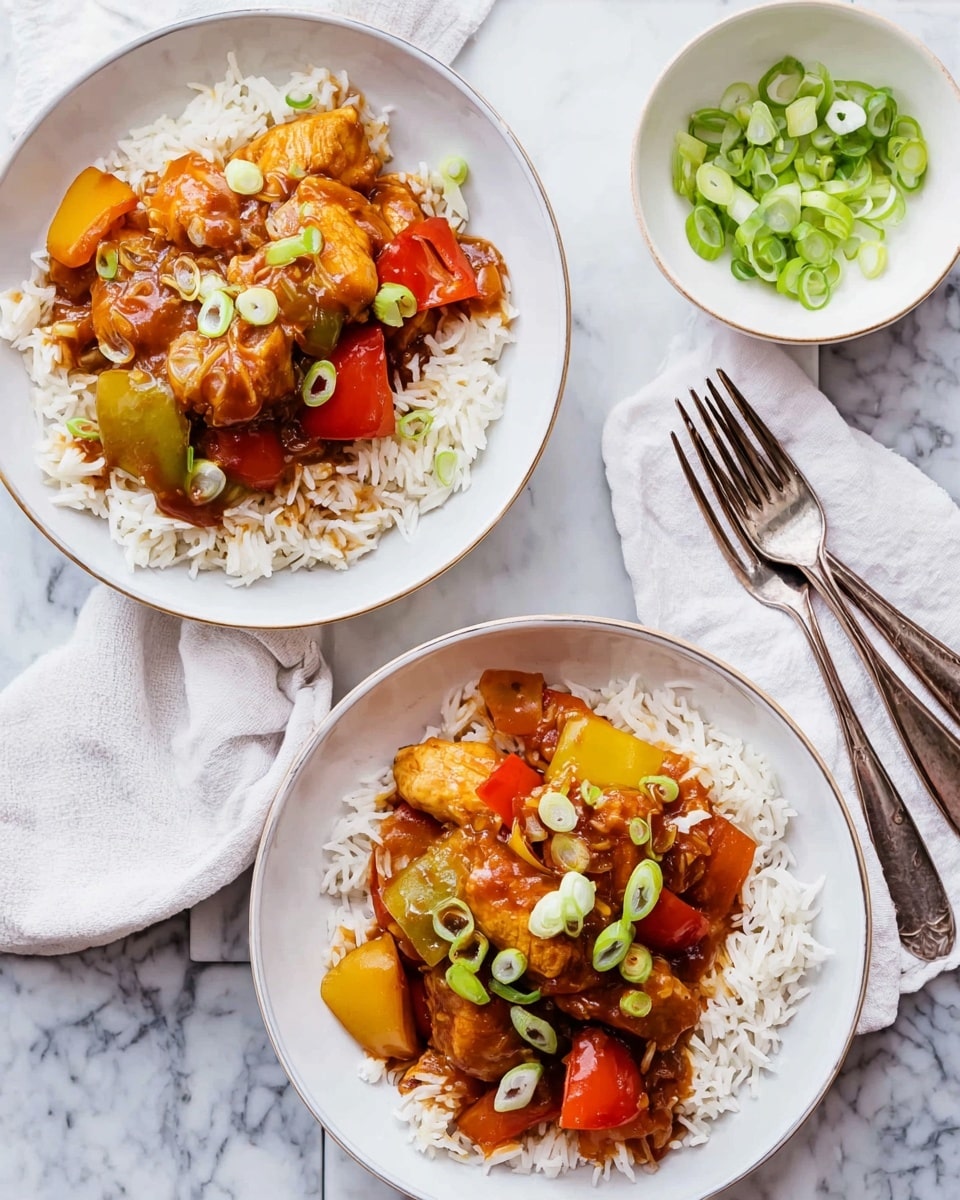 The image shows two white shallow bowls, each with a bed of white rice as the bottom layer. On top of the rice, there are pieces of cooked chicken, yellow and red bell pepper chunks covered in a thick, glossy brown sauce. The dish is garnished with sliced green onions scattered over the top. To the right of the bowls, there are two silver forks and a white cloth napkin with a small white bowl holding extra sliced green onions. The whole setup rests on a white marbled surface. photo taken with an iphone --ar 4:5 --v 7