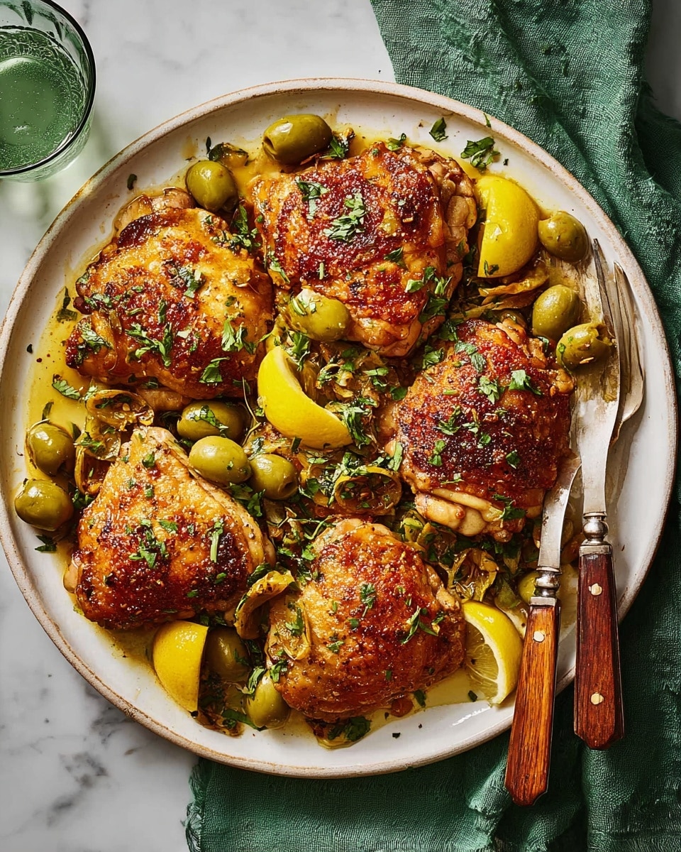 A white plate holds five pieces of golden-brown roasted chicken thighs arranged closely together. The chicken skin is crispy with a slightly shiny texture, dotted with small green herb pieces and minced onions. Between and under the chicken pieces are bright green olives and thin slices of yellow lemon, some partially covered in juicy sauce. The plate rests on a dark green cloth, and to the right side of the plate are a fork and spoon with brown wooden handles, placed parallel and leaning slightly on the plate edge. The background shows a white marbled surface. Photo taken with an iphone --ar 4:5 --v 7