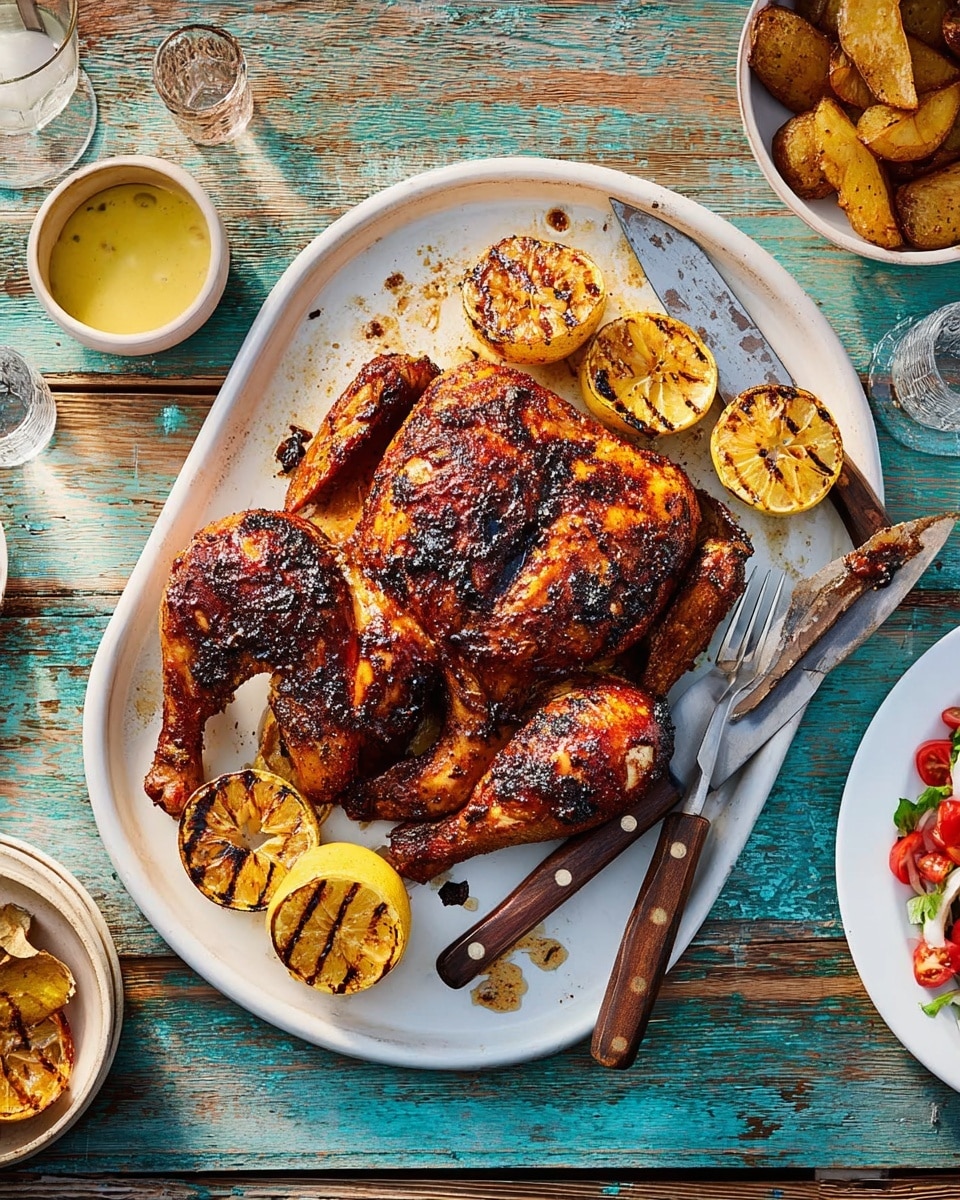 A large, whole roasted chicken with a dark, crispy skin sits at the center of a white tray, covered in a shiny layer of orange-brown spices and oil. Around the chicken are six grilled lemon halves, each with visible char marks, giving a vibrant yellow and black contrast. A fork and a knife with wooden handles lie diagonally near the bottom edge of the tray, partially touching the chicken and lemon halves. The scene is set on a white marbled surface with worn, colorful turquoise and brown wooden textures peeking out from behind. A clear glass with water, a small dish of salad with red tomatoes and green herbs, and a small jar of sauce with a spoon are positioned around the tray, creating a rustic and inviting setup. photo taken with an iphone --ar 4:5 --v 7