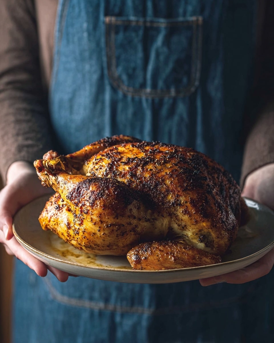 A whole roasted chicken with a golden brown, crispy skin covered in herbs and spices sits on a large white plate. The chicken is plump with the legs and wings slightly curled under its body. It is held by two woman's hands, one on each side of the plate, against a dark blurry background with the person wearing a blue denim apron. The light highlights the textured, crispy surface of the chicken, showing its juicy and well-cooked appearance. Photo taken with an iphone --ar 4:5 --v 7