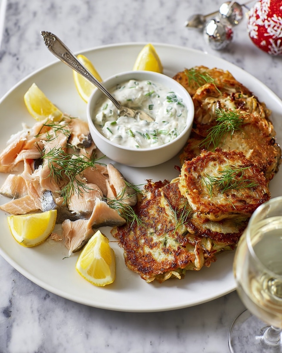 A large white plate holds a neatly arranged dish with multiple sections. On the top right, there are golden-brown, round potato pancakes stacked in a small pile, with a crispy texture. To the left of the pancakes, there is a small white bowl filled with a creamy white sauce speckled with green herbs, and a silver spoon resting inside. Below the sauce and to the far left side, pieces of light brown smoked fish are laid out with a few small green dill sprigs on top. Next to the fish and stretching toward the bottom center are delicate, folded slices of orange-pink smoked salmon, lightly sprinkled with cracked black pepper and garnished with fresh dill sprigs. Six lemon wedges are placed around the salmon and fish, adding a bright yellow contrast. The plate sits on a white marbled surface. Photo taken with an iphone --ar 4:5 --v 7