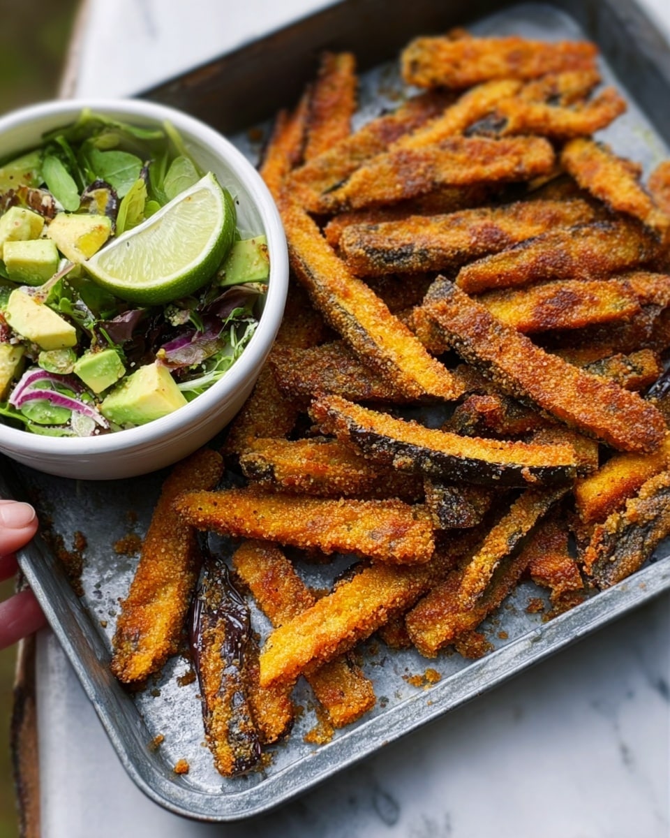 The image shows a metal tray filled with crispy golden-brown plantain fries, some pieces darker at the edges, showing different shades of golden yellow and brown with a rough, crunchy texture. The fries are arranged in a casual, scattered way. On the side of the tray, there is a small white bowl containing a fresh salad made of light green avocado chunks, sliced olives, and mixed greens with small pieces of red onion visible. The surface under the tray is a white marbled texture. photo taken with an iphone --ar 4:5 --v 7