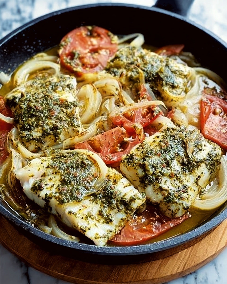 The dish shows three pieces of white fish fillets covered with a green herb sauce, placed in a black pan. Around the fish are cooked yellow onion rings and slices of red tomato, all sitting in a light yellow herb-infused broth. The pan is on a wooden board, which rests on a white marbled surface. The whole dish looks warm and juicy with a soft texture. Photo taken with an iphone --ar 4:5 --v 7