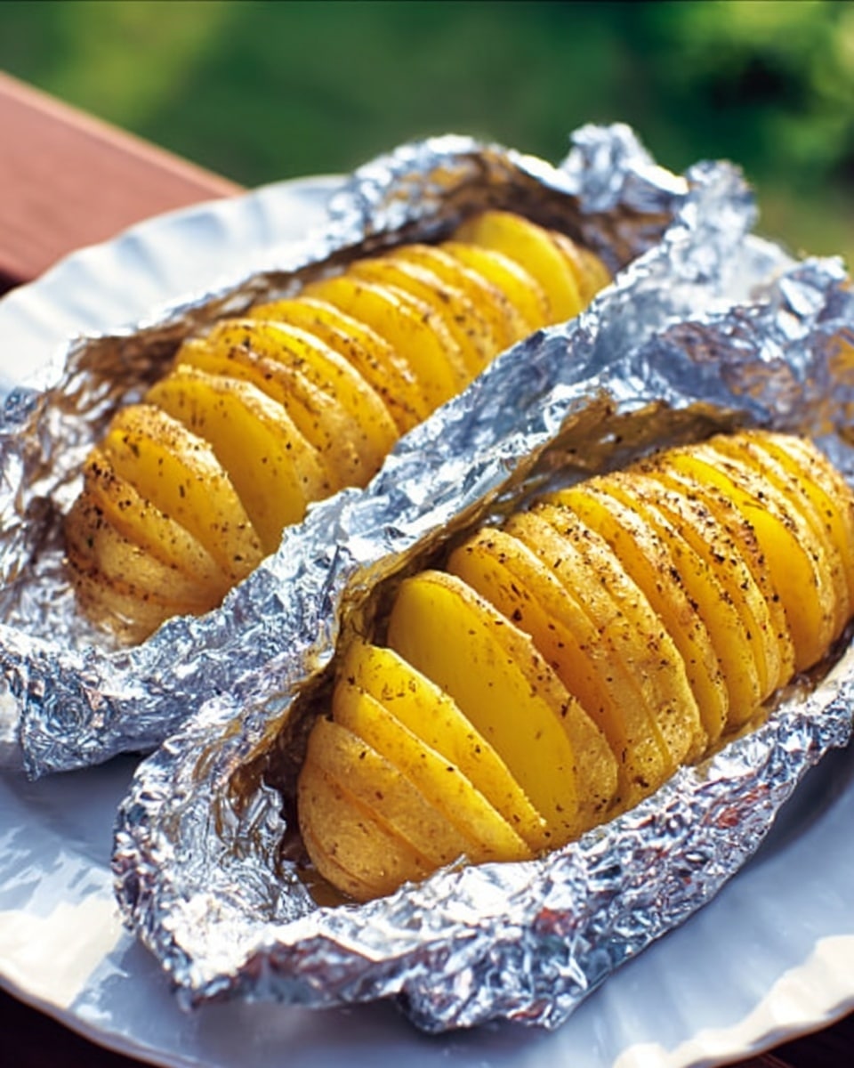 Two foil packets, each containing a spiral-cut yellow potato, lie side by side on a white plate. The potatoes are sliced evenly from top to bottom, showing their soft, cooked inside with a slightly golden surface and black pepper sprinkled on top. The foil crinkles around the potatoes, partially open to reveal the spirals. The plate rests on a white marbled surface with green and brown blurred outdoor background. photo taken with an iphone --ar 4:5 --v 7