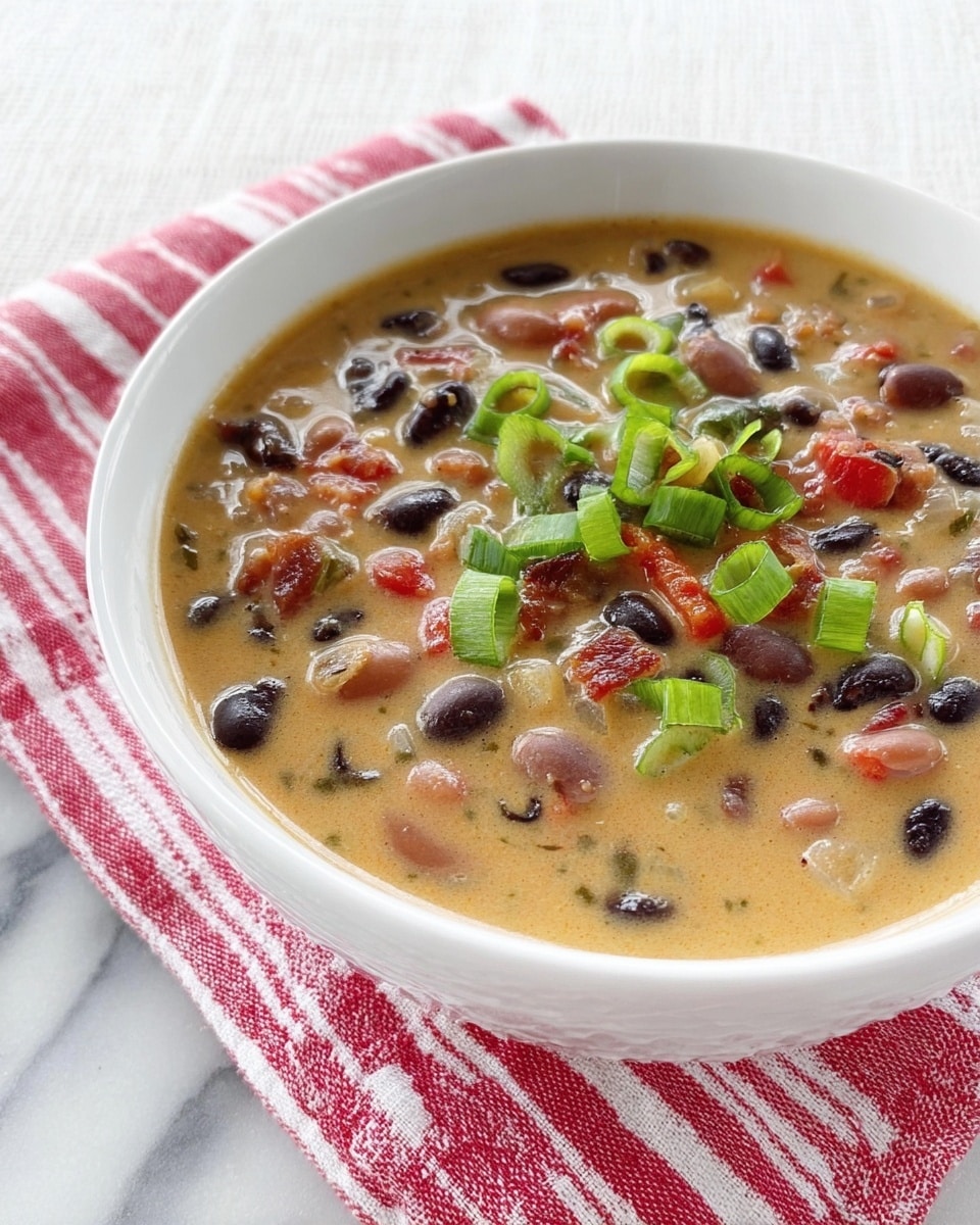 A white bowl filled with a creamy bean soup resting on a red and white striped cloth over a white marbled surface. The soup contains a mix of black and light brown beans, floating in a light beige broth. There are small pieces of red pepper and green onions scattered on the top as garnish, adding bright colors to the dish. Photo taken with an iphone --ar 4:5 --v 7