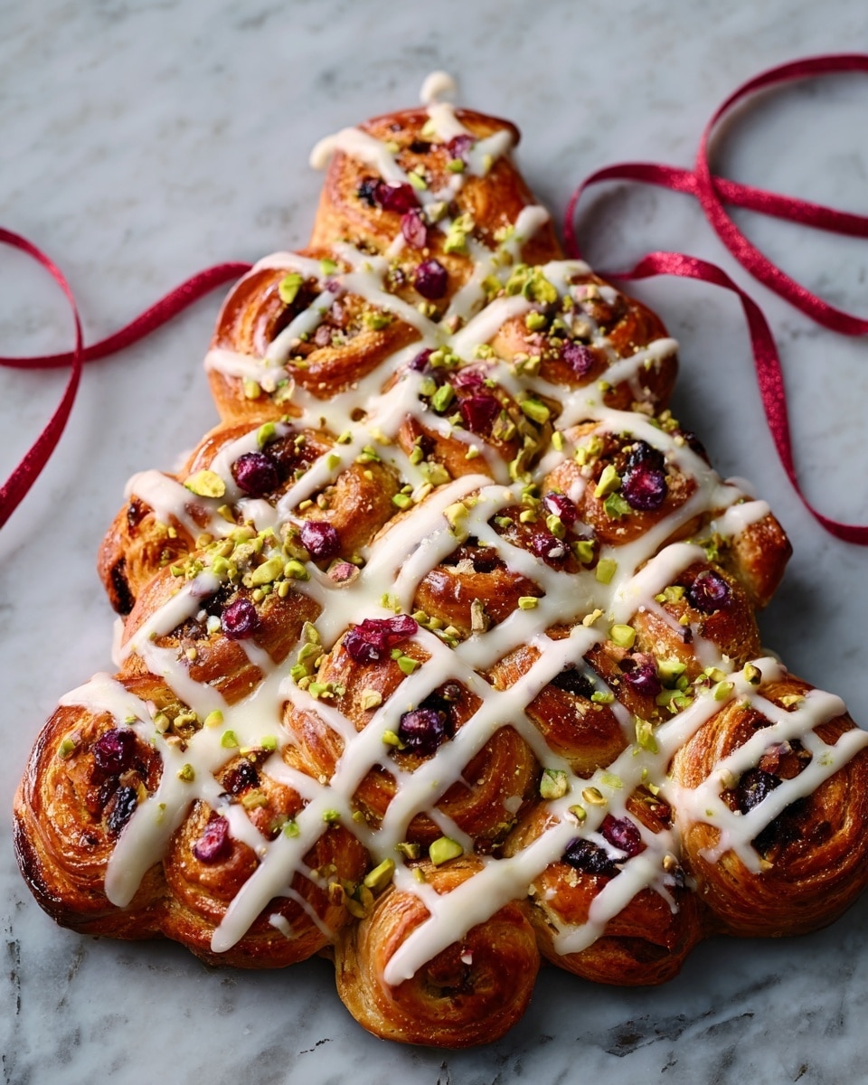 The image shows a Christmas tree-shaped pastry made of multiple round rolls connected in a triangular form. The rolls are golden brown with a shiny surface, topped with white icing drizzled in a crisscross pattern. Scattered on top are small pieces of green pistachios, dried red cranberries, and orange nuts, adding color and texture. The pastry rests on a white marbled surface with a red ribbon loosely arranged around it, creating a festive look. Photo taken with an iphone --ar 4:5 --v 7