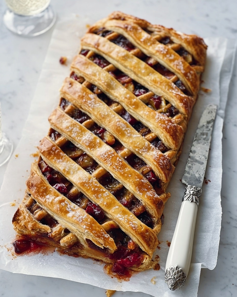 A rectangular pastry with a golden-brown lattice crust on top, showing dark red cherries and chunks of cooked fruit like apples beneath. The lattice strips are thick and flaky, crossing diagonally to create an even pattern. The bottom layer looks crispy and slightly browned, with some fruit juices peeking from under the crust edges. The pastry sits on white parchment paper on a white marbled surface, next to a silver knife with a white handle and a small metal pitcher in the background. photo taken with an iphone --ar 4:5 --v 7