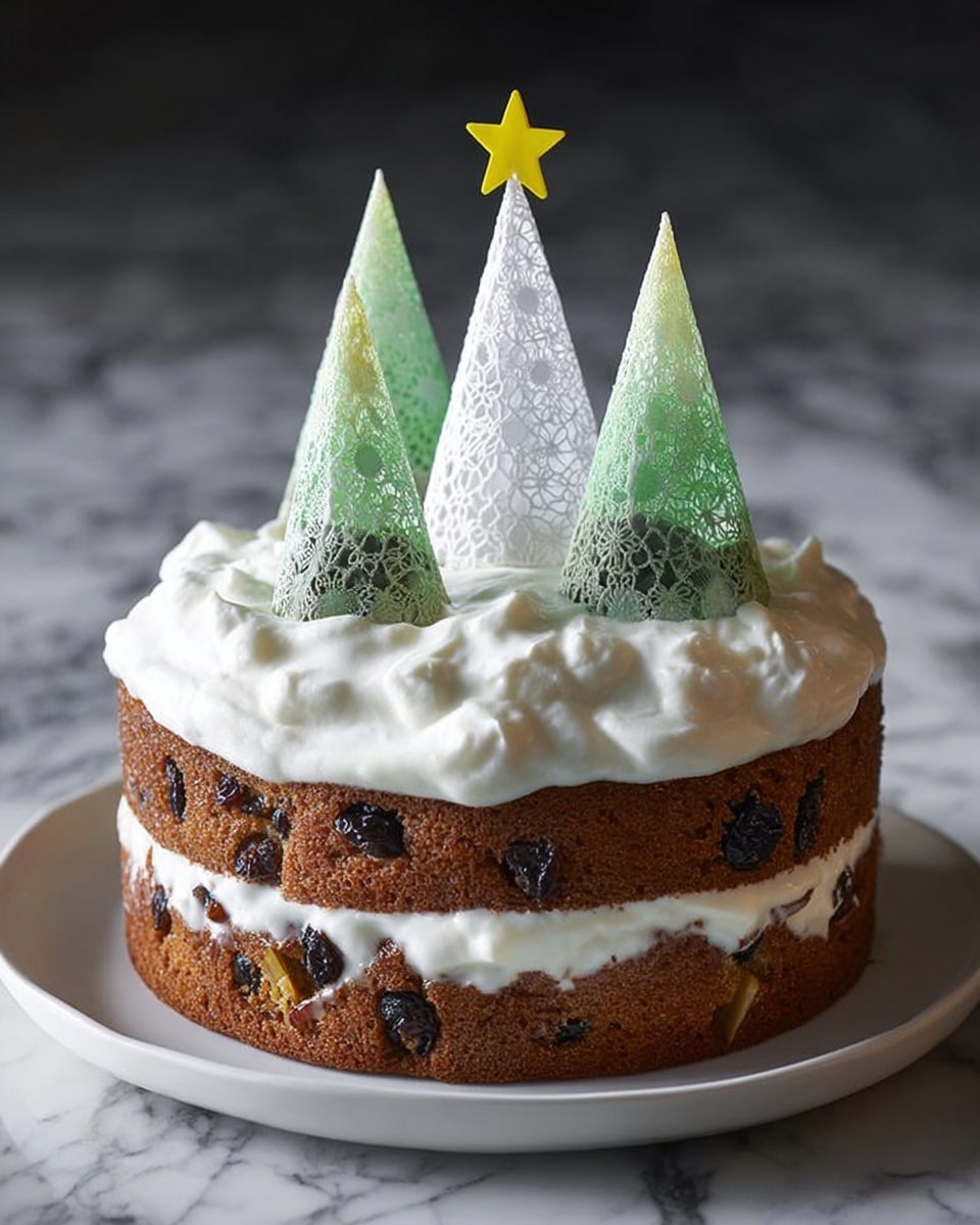 A two-layer dark brown fruitcake with visible bits of fruit, filled and topped with thick, fluffy white cream spread unevenly on top. Three cone-shaped paper decorations resembling Christmas trees—two white ones with snowflake patterns and one taller green one with a star on top—are placed on the cream layer at the center of the cake. The cake sits on a white plate on a white marbled surface. Photo taken with an iphone --ar 4:5 --v 7