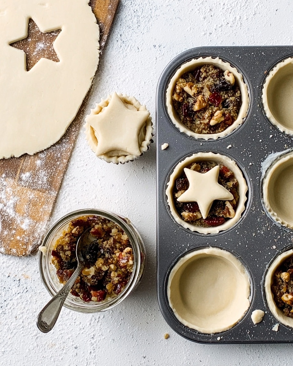 The image shows a muffin tin with six round pastry shells, three empty and three filled with a chunky mixture of nuts and dried fruits. One filled shell has a small star-shaped piece of dough placed on top. Next to the tin, there is a white marbled surface with rolled-out dough and a star cut-out nearby. In the lower left corner, there is an open glass jar filled with the same nut and fruit mixture. A spoon with some mixture on it lies on the white marbled surface near the tin. Photo taken with an iphone --ar 4:5 --v 7