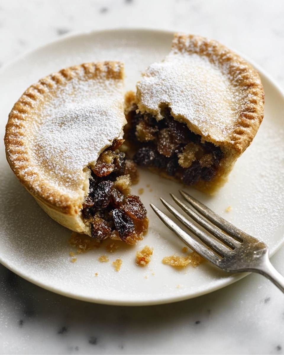 The image shows a small round pie with a golden-brown crust that has a light dusting of powdered sugar on top. The pie is broken open to reveal a filling of dark, plump raisins and a sticky, rich-looking brown mixture inside. It is placed on a white plate with some scattered crumbs around it. A silver fork lies beside the pie on the plate. The surface under the plate is a white marbled texture. photo taken with an iphone --ar 4:5 --v 7