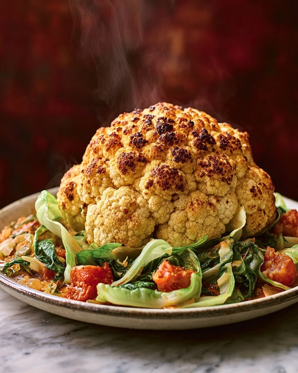 The image shows a whole roasted cauliflower with a golden-brown top and slightly charred edges, sitting in the center of a white plate. Surrounding the cauliflower is a mix of green leafy vegetables and red chunks that look like tomatoes, all mixed in a creamy light orange sauce. The plate is placed on a surface with a white marbled texture, and steam rises gently from the cauliflower, showing it is hot. Photo taken with an iphone --ar 4:5 --v 7