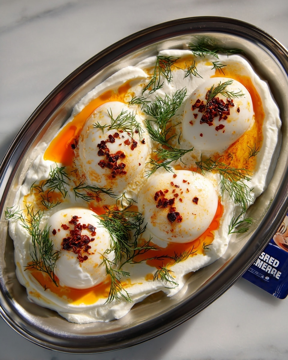 The dish shows four white poached eggs, each topped with a sprinkle of dark red chili flakes, resting on a thick layer of creamy white yogurt. Bright orange chili oil is drizzled around the eggs, creating a striking contrast with the white yogurt. Fresh green dill sprigs are scattered evenly over the eggs and yogurt. The food is served in a shiny metal oval dish placed on a white marbled surface. Photo taken with an iphone --ar 4:5 --v 7