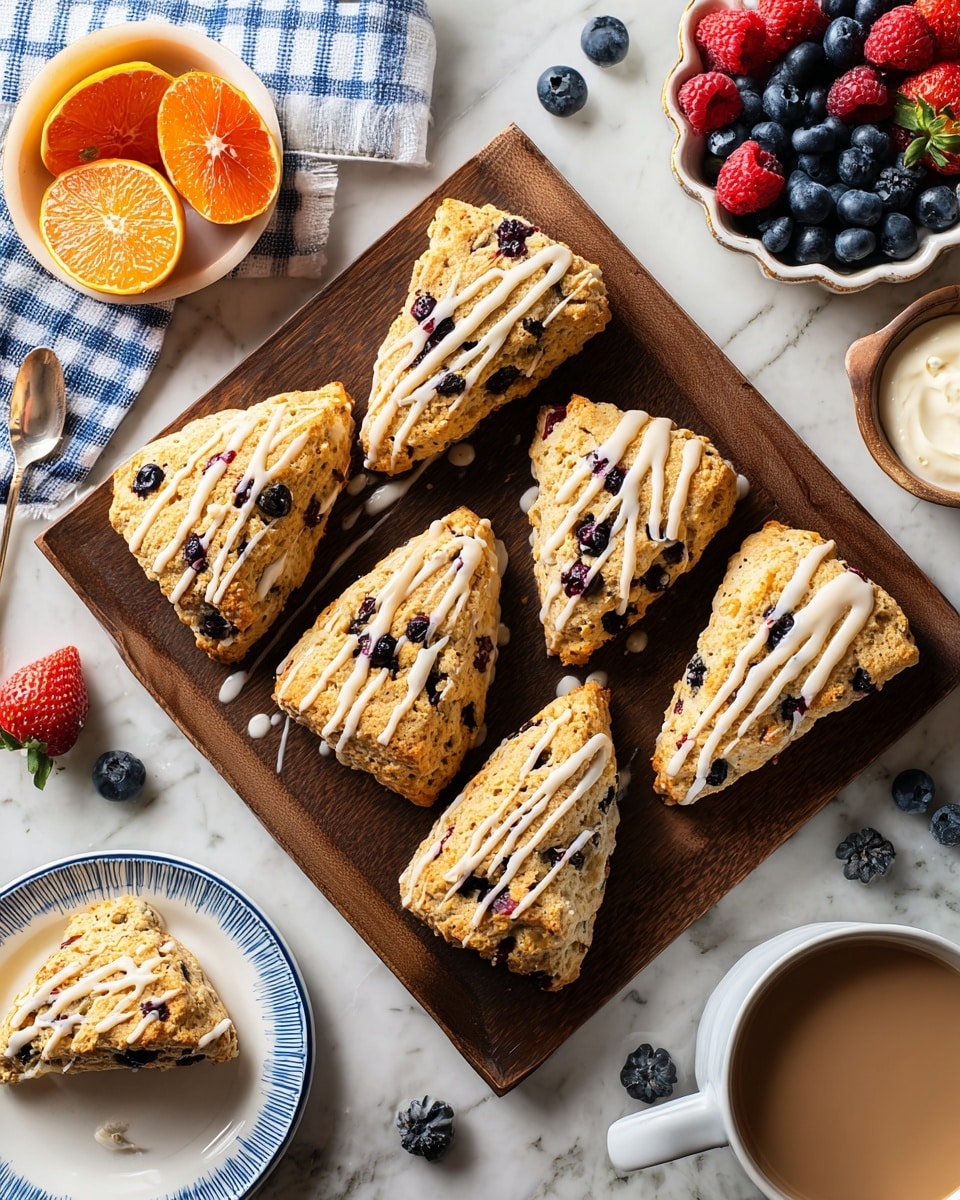 The image shows seven triangle-shaped scones with a golden-brown color and pieces of blueberry inside, arranged on a dark wooden tray. Each scone has white icing drizzled in thin lines across the top. In the background, there is a white bowl filled with mixed berries including strawberries, raspberries, and blueberries, some spilled on the white marbled surface. To the right, a white plate with a blue rim holds a similar scone. A cup of dark coffee sits near the plate, and a small bowl with light cream and a spoon is at the top left. A round bowl with halved oranges is at the bottom left, all set on the white marbled surface with a blue and white checkered cloth. photo taken with an iphone --ar 4:5 --v 7