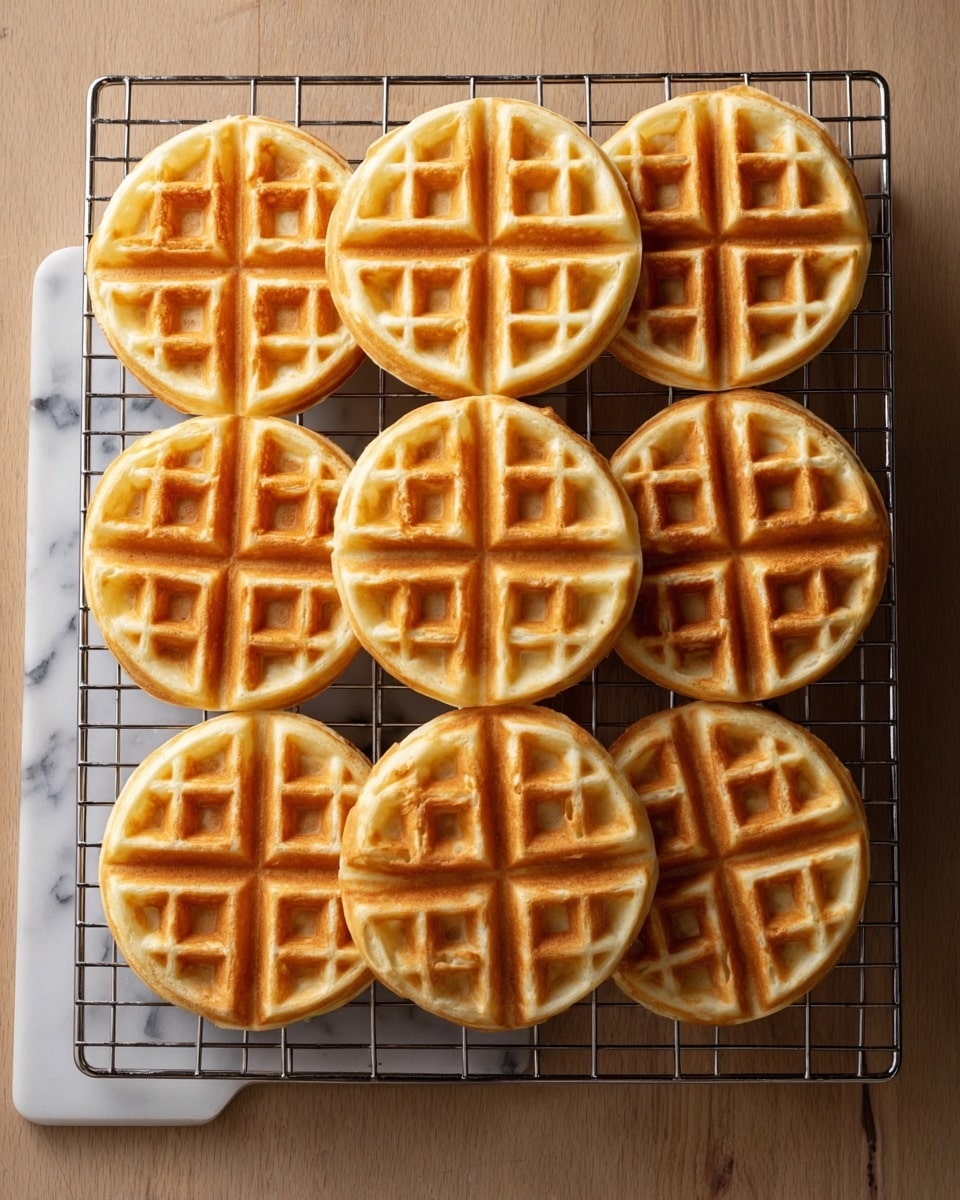 Nine golden brown round waffles arranged in a 3x3 grid on a silver cooling rack with visible grid patterns on each waffle. Each waffle is lightly crispy with a soft texture and has a symmetrical four-section pattern from the center. The cooling rack sits on a white marbled texture surface, enhancing the warm tones of the waffles. The lighting highlights the crispy edges and the softness inside the indentations. photo taken with an iphone --ar 4:5 --v 7