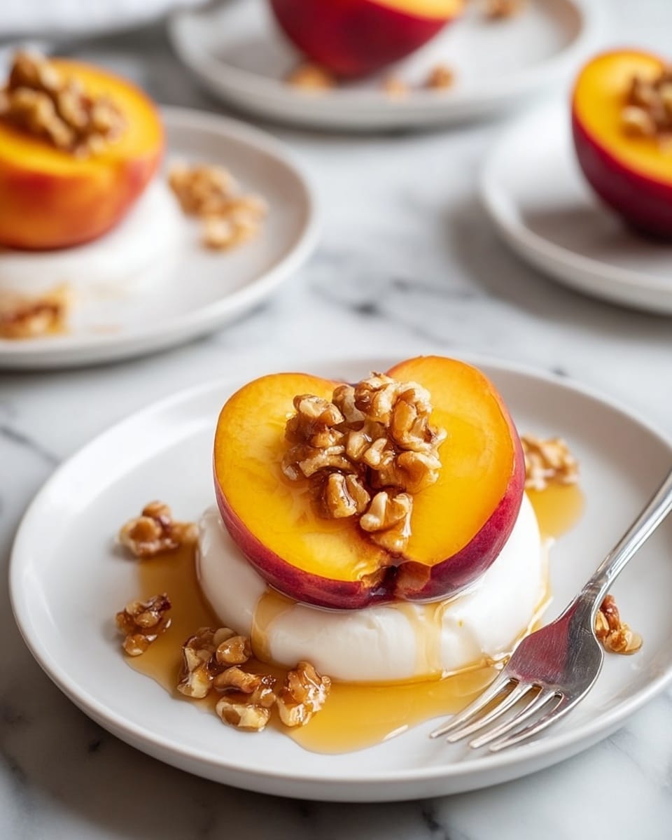 A white plate holds a dessert with three main layers: at the bottom is a smooth, white yogurt layer shaped in a round dollop, topped by a thick peach half with a bright orange and deep red skin. The peach is filled with several walnut pieces that have a rough, textured surface. Honey is drizzled over the peach, walnuts, and yogurt, creating a glossy shine. Additional walnuts are scattered around the yogurt on the plate. A silver fork lies to the right side of the plate, on a white marbled surface. In the background, other peach halves filled with walnuts sit on white plates and in a white dish. Photo taken with an iphone --ar 4:5 --v 7