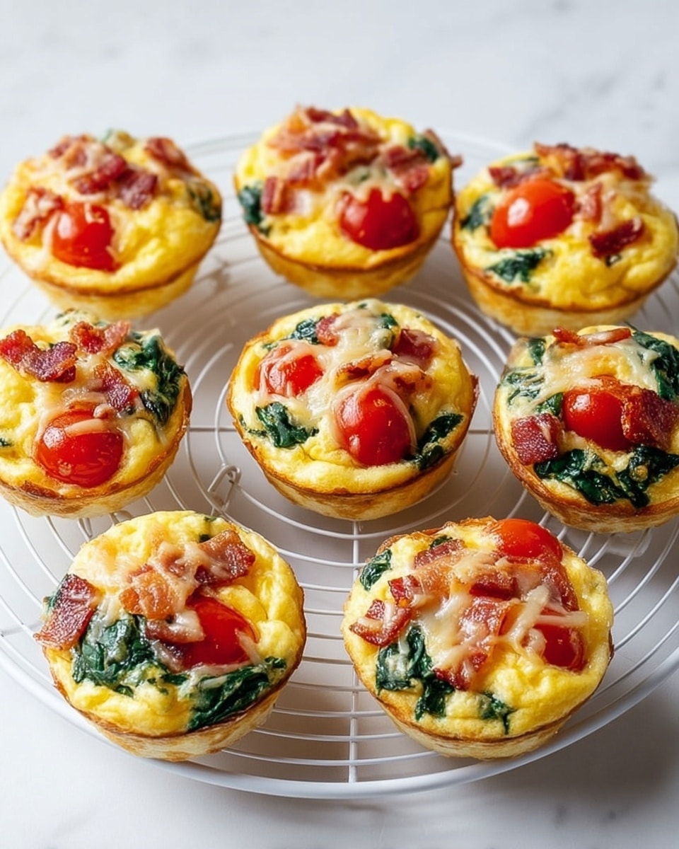 There are seven mini egg muffins placed on a white cooling rack over a white marbled surface. Each muffin has a golden brown bottom layer, a middle layer with green spinach visible through the egg, and is topped with melted pale yellow cheese, small red cherry tomato halves, and bits of crispy bacon. The muffins look soft and fluffy with the cheese slightly browned on top. The image is bright and crisp, showing the different textures clearly. photo taken with an iphone --ar 4:5 --v 7