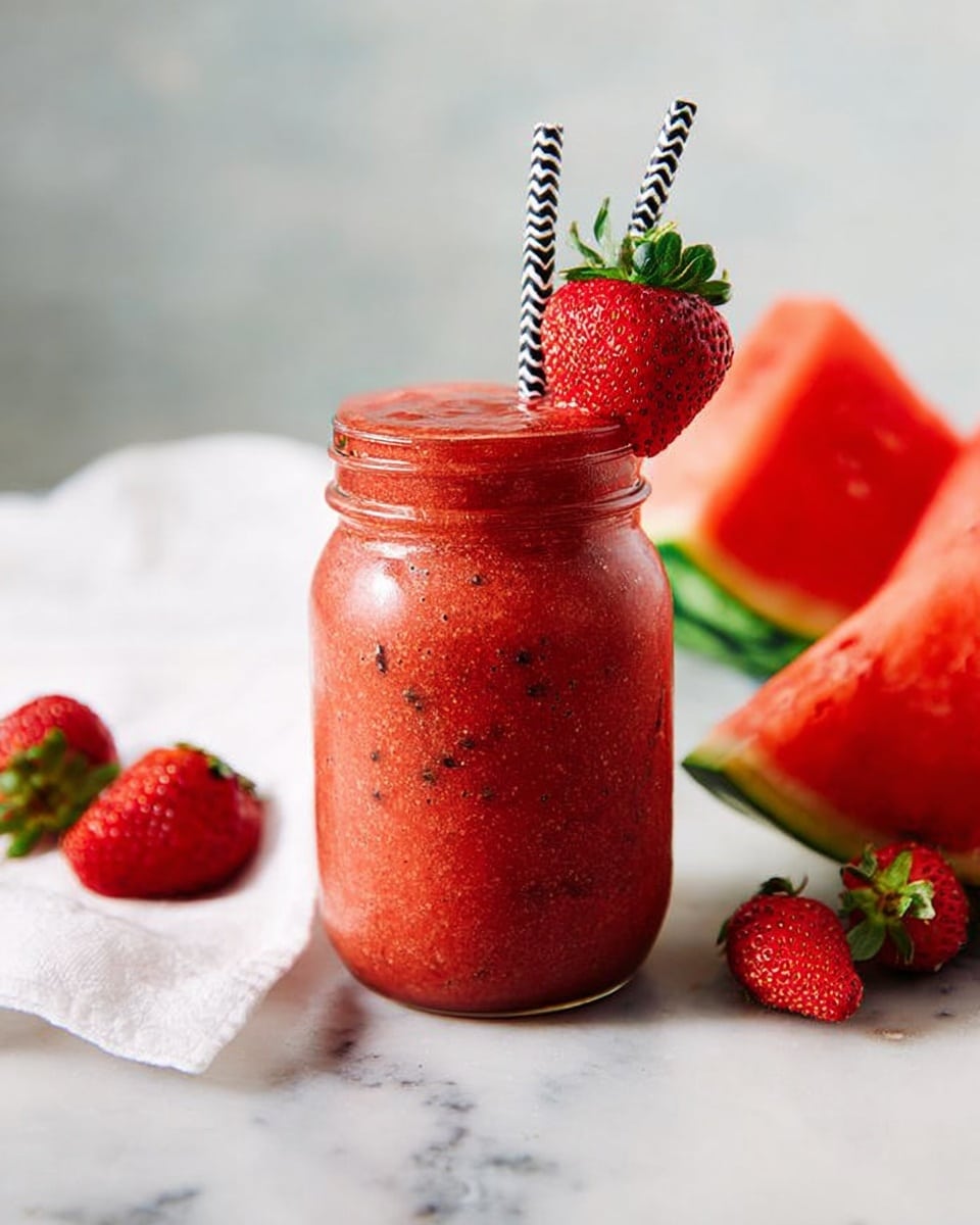 A clear glass jar filled with a bright red smoothie that has a thick, slightly grainy texture, topped with a fresh whole strawberry on the rim and two black and white striped paper straws sticking out. Around the jar, there are two triangular slices of watermelon showing dark seeds and green rind, along with a few loose strawberries placed on a white marbled surface. The background is softly blurred, focusing on the fresh fruits and smoothie. Photo taken with an iphone --ar 4:5 --v 7