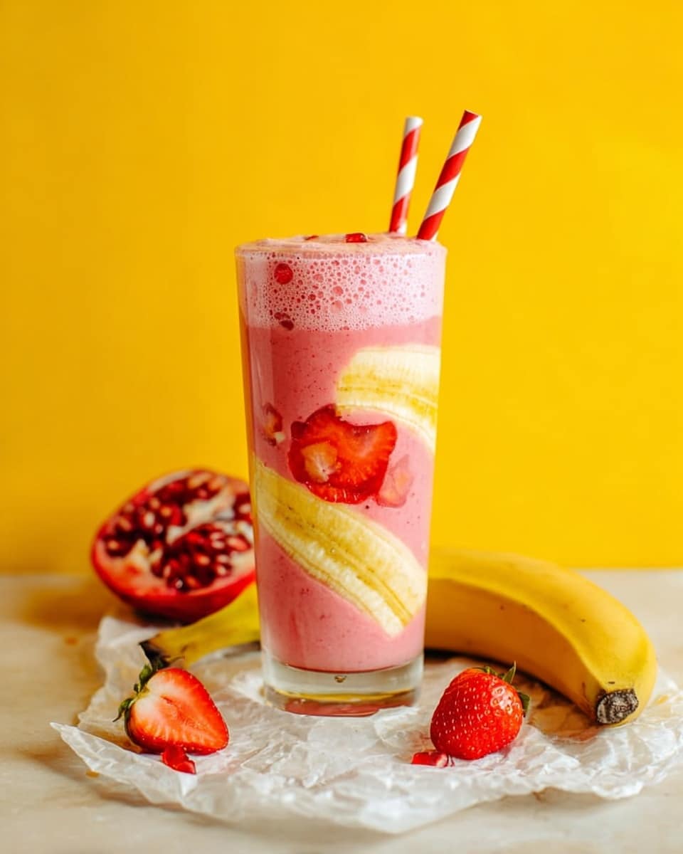 A tall clear glass is filled with a pink smoothie that has visible chunks of red strawberries mixed in. A large half-slice of banana is pressed against the inside of the glass, showing its yellowish color. Two red and white striped paper straws are placed at the top of the glass. The glass sits on a small piece of white paper on a white marbled surface. Around the glass, there are fresh strawberries, a partially opened pomegranate with bright red seeds, and a bunch of bananas in the background, all set against a bright yellow background. photo taken with an iphone --ar 4:5 --v 7