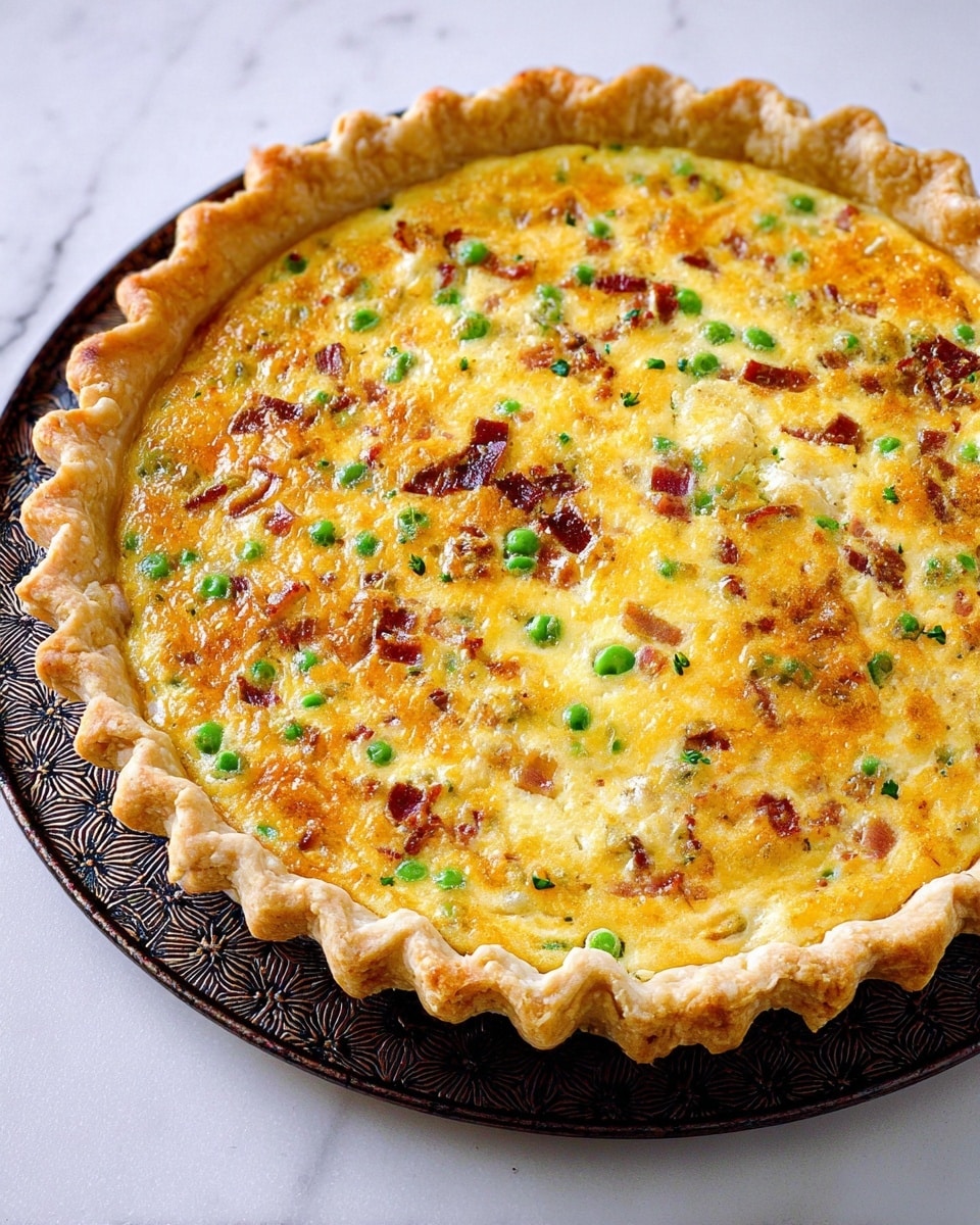 A round quiche with a golden-brown, flaky crust that has a ruffled edge, sitting on a square dark patterned cloth on a white marbled surface. The top layer is a bright yellow egg mixture with visible melted cheese, scattered green peas, small pieces of bacon, and bits of caramelized onions evenly spread across the surface. The texture looks smooth yet slightly bubbly from baking, showing a mix of vibrant colors and a soft, cooked filling inside the crust. photo taken with an iphone --ar 4:5 --v 7