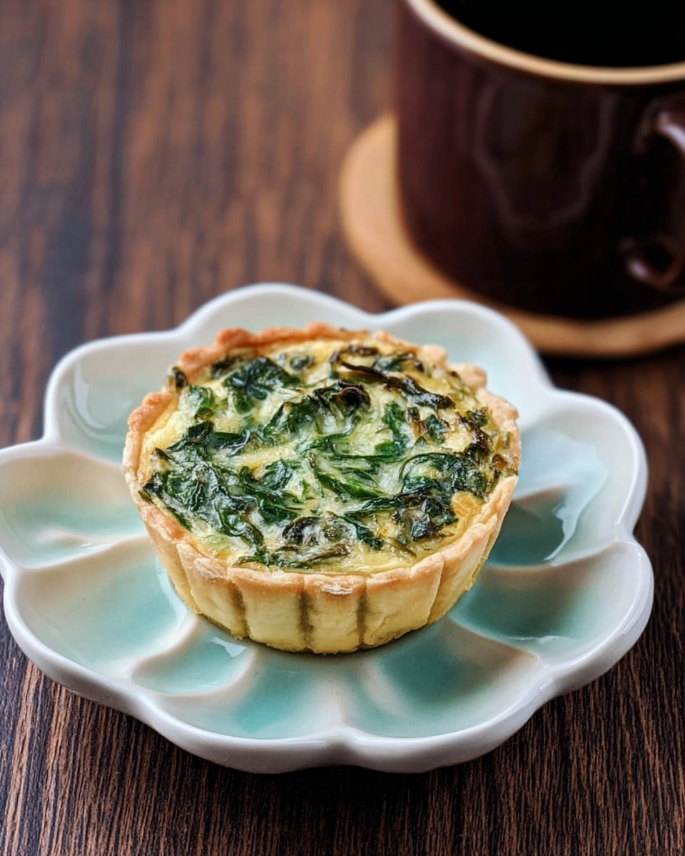 A small tart with a golden, flaky crust filled with finely chopped, cooked green spinach mixed with small bits of white cheese or cream, held by ridged white and brown striped paper baking cup. The tart sits on a smooth, pastel blue flower-shaped plate, placed on a dark wooden textured surface. A brown ceramic cup with Asian characters is visible blurred in the background, slightly out of focus. photo taken with an iphone --ar 4:5 --v 7